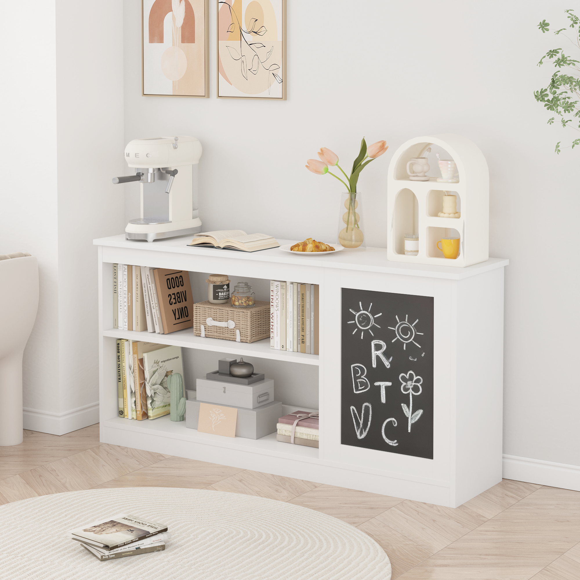 3-in-1 Kids Bookshelf And Toy Storage Cabinet With Chalkboard  Modern White Organizer For Playroom
