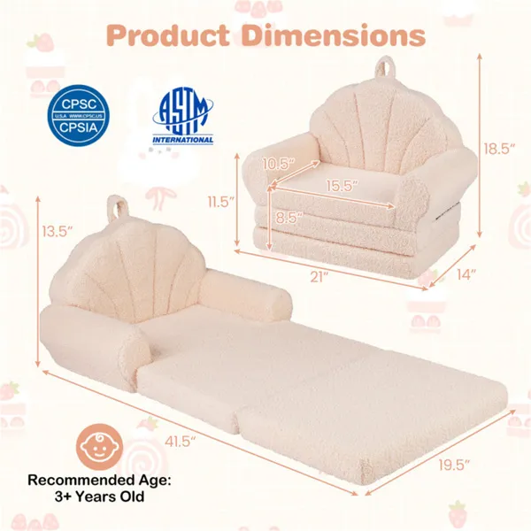 2-in-1 Flip Open Kids Sofa Lounger, Teddy Fleece Toddler Couch With Carry Handle For Ages 3+ (Beige)