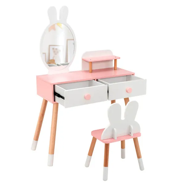 2-in-1 Kids Vanity Table Set With Detachable Mirror, White Dressing Table With Storage Shelf & Drawers For Girls