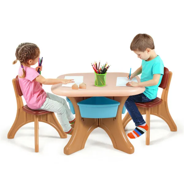 Brown Kids Table And 2 Chairs Set With 4 Storage Boxes, Toddler Activity Table For Drawing Playing Eating, Children Furniture For Indoor Outdoor
