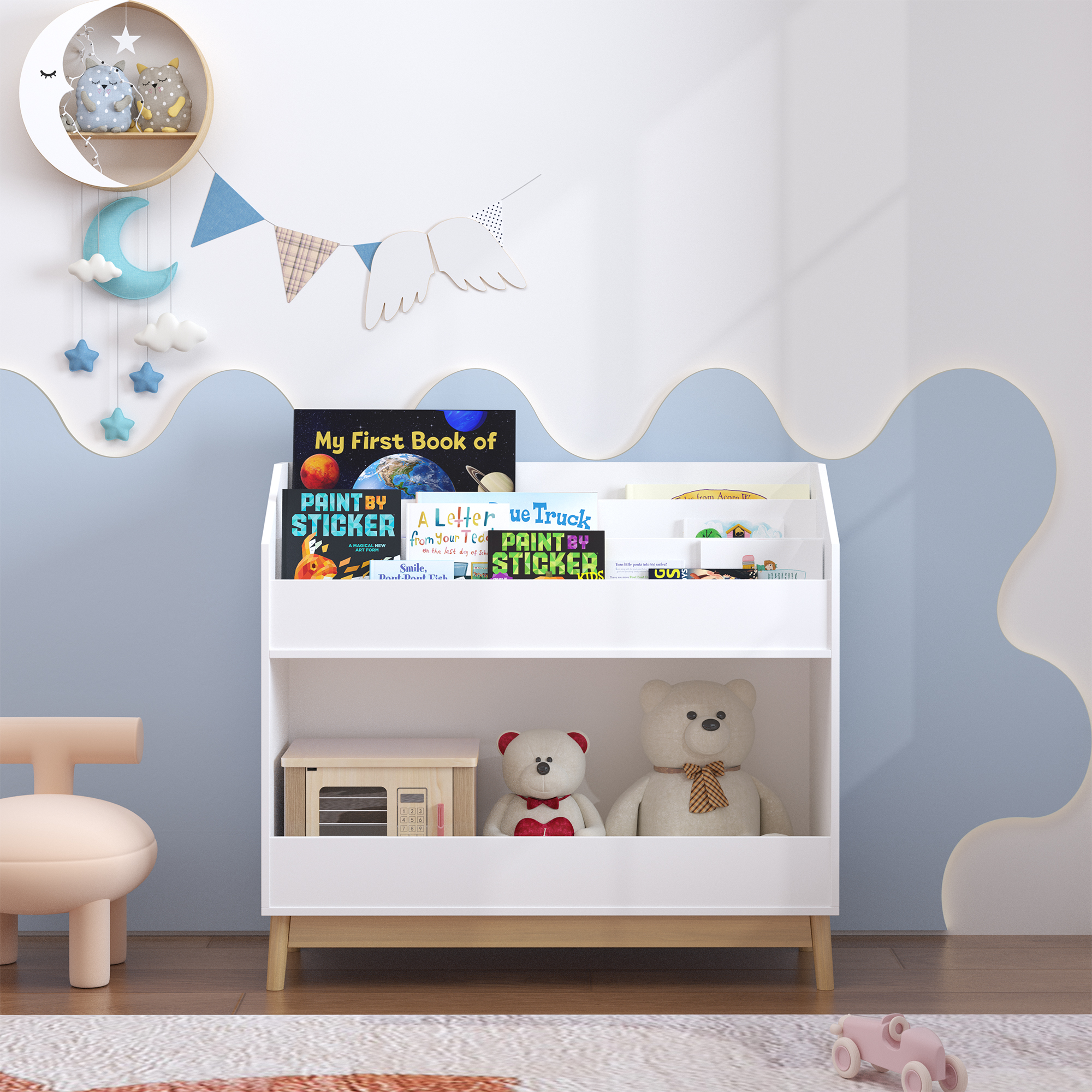 Toddler Book Display Shelf With Storage, Wooden Kids Bookcase Organizer For Bedroom Or Playroom, White - Image 1