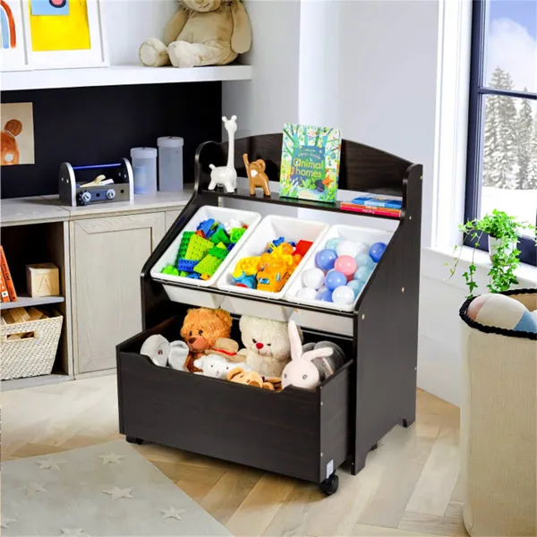 Dark Brown Multifunctional Kids Storage Cabinet With Large Capacity Toy Box And Display Shelf, Safe Rounded Corner Children Organizer For Toys Books