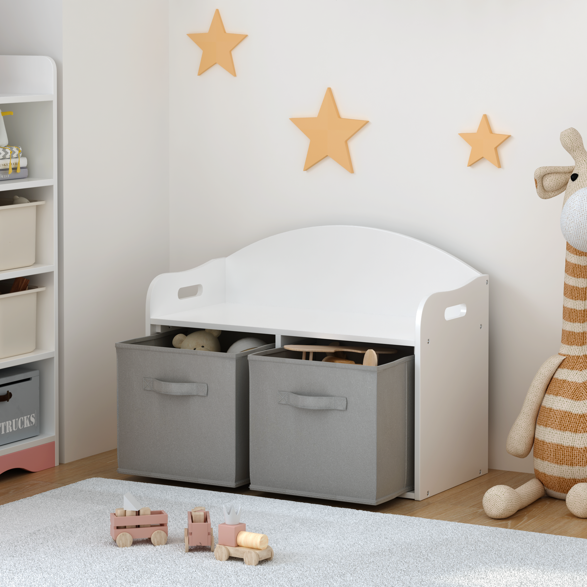 Kids Wooden Toy Box Bench With Collapsible Fabric Drawers,Toy Storage Cabinet Organizer, White