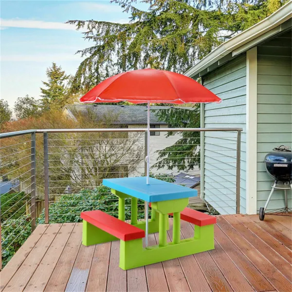 Children Outdoor Picnic Table Set With Foldable UV Protection Umbrella, Lightweight PP Kids Activity Table For Playing Eating -Green