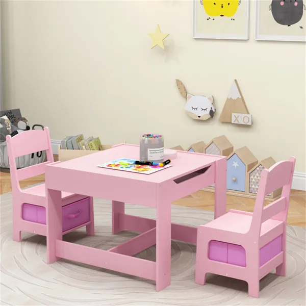 2-in-1 Kids Activity Table And Chairs Set, Double-Sided Whiteboard & Blackboard, With Hidden Storage, Certified Non-Toxic MDF, Perfect Gift For 3-7 Years Old (Pink)