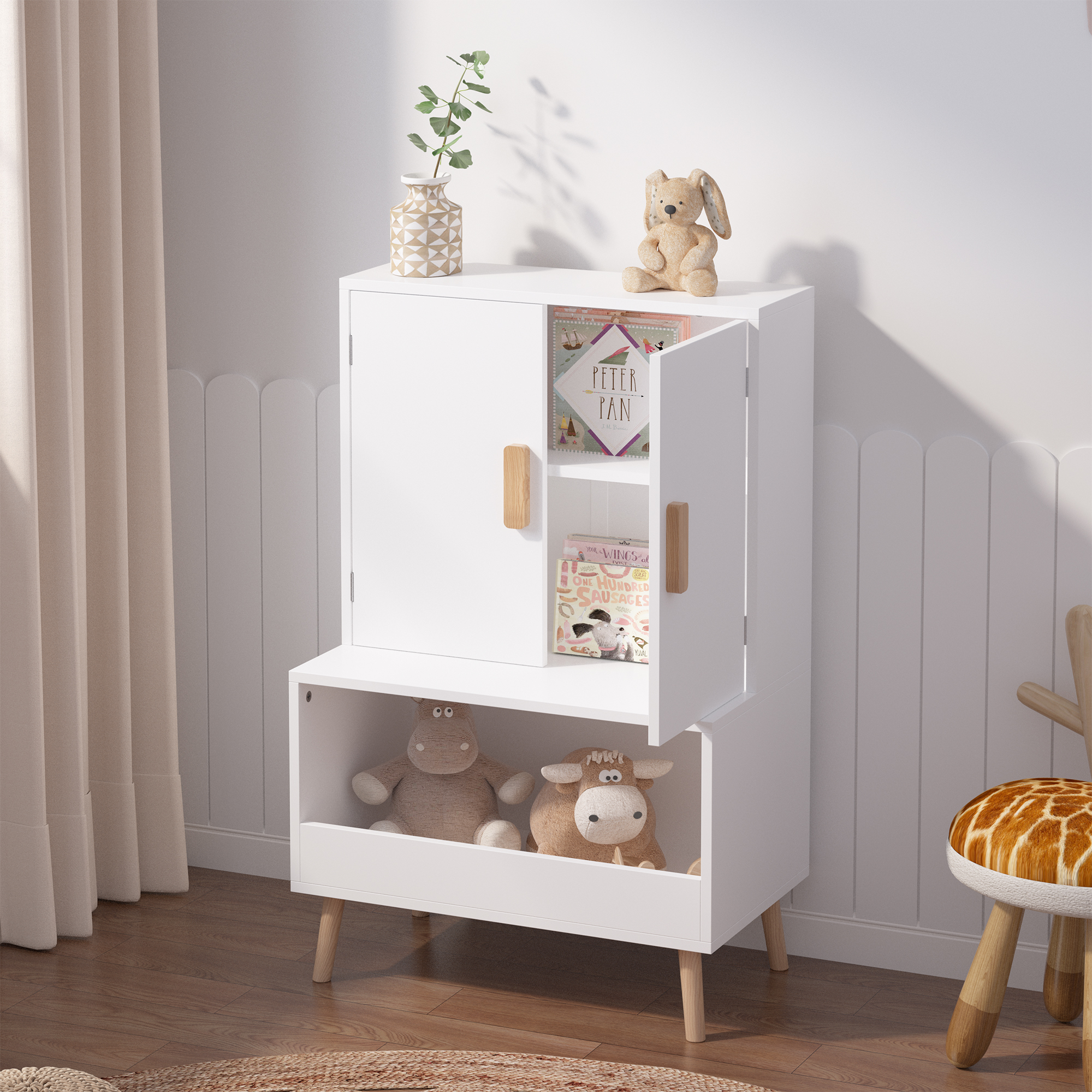 Kids Toy Storage Cabinet With Doors And Open Shelf, White Modern Wooden Organizer With Natural Wood Legs, Toddler Bookshelf For Playroom, Nursery, Bedroom
