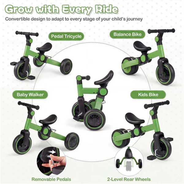 5-In-1 Foldable Toddler Tricycle, Adjustable Handlebar & Ergonomic Seat With Removable Pedals - Green