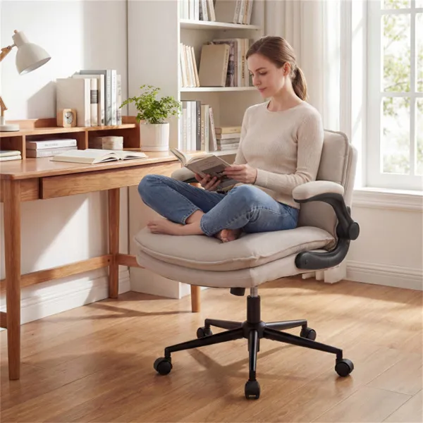 Criss Cross Chair With Flip-Up Arms, Faux Leather Cross Legged Office Chair With Adjustable Height & Rocking Function -Beige