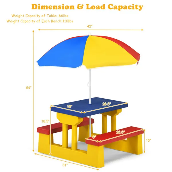 Children Outdoor Picnic Table Set With Foldable UV Protection Umbrella, Lightweight PP Kids Activity Table For Playing Eating -Yellow