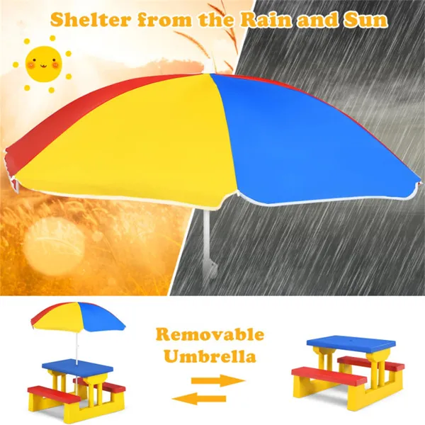 Children Outdoor Picnic Table Set With Foldable UV Protection Umbrella, Lightweight PP Kids Activity Table For Playing Eating -Yellow