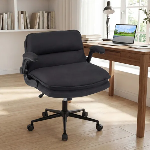 Criss Cross Chair With Flip-Up Arms, Faux Leather Cross Legged Office Chair With Adjustable Height & Rocking Function -Gray