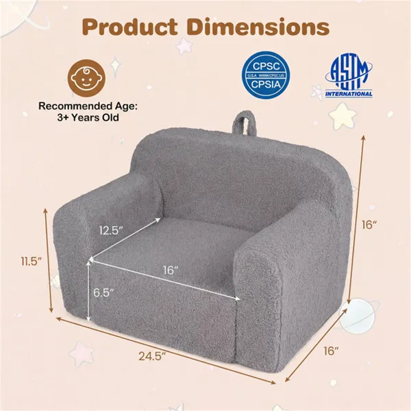 Kids Foam Sofa Chair With Teddy Fleece Fabric, Lightweight Portable Toddler Couch For Ages 3+ (Gray)