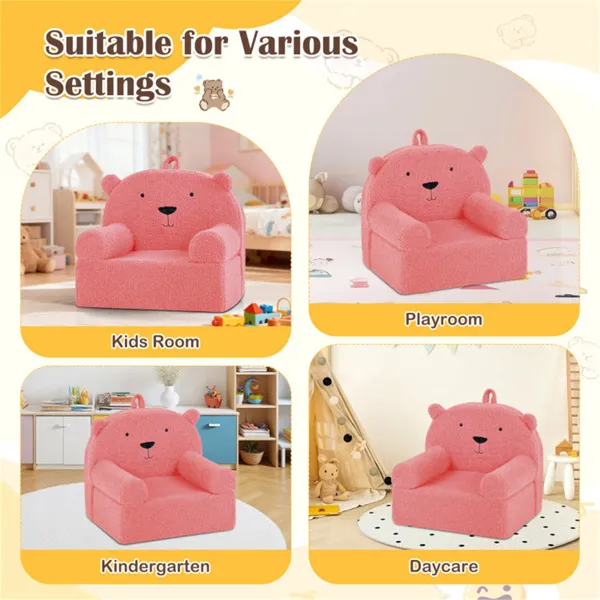 Bear-Shaped Kids Sofa, Teddy Fleece Foam Chair For Toddlers 3+, Portable Bear-Shaped Couch (Pink)