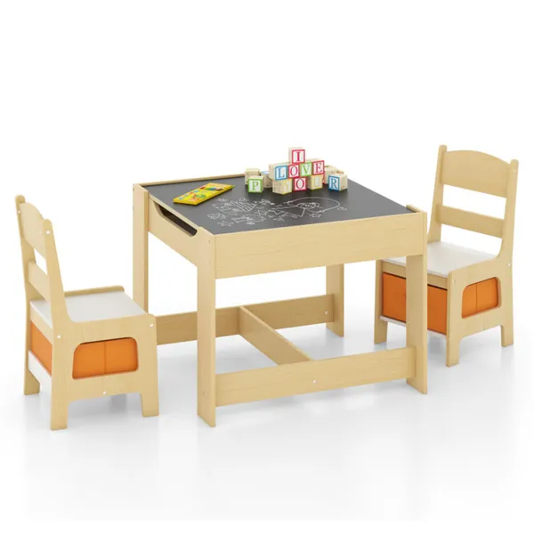 2-in-1 Kids Activity Table And Chairs Set, Double-Sided Whiteboard & Blackboard, With Hidden Storage, Certified Non-Toxic MDF, Perfect Gift For 3-7 Years Old (Natural)