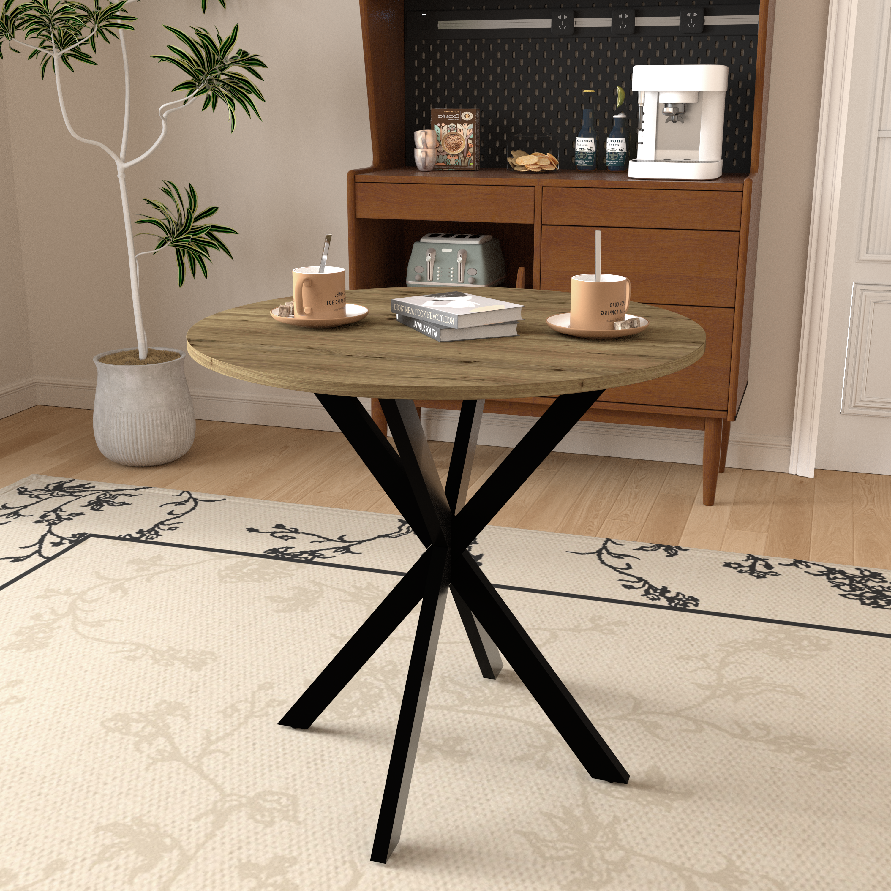 31.5 Inch Round Dining Table, Small Circle Kitchen Table With Metal Black Legs For 2-4 People,Modern Dining Room Table, Brown Only Table