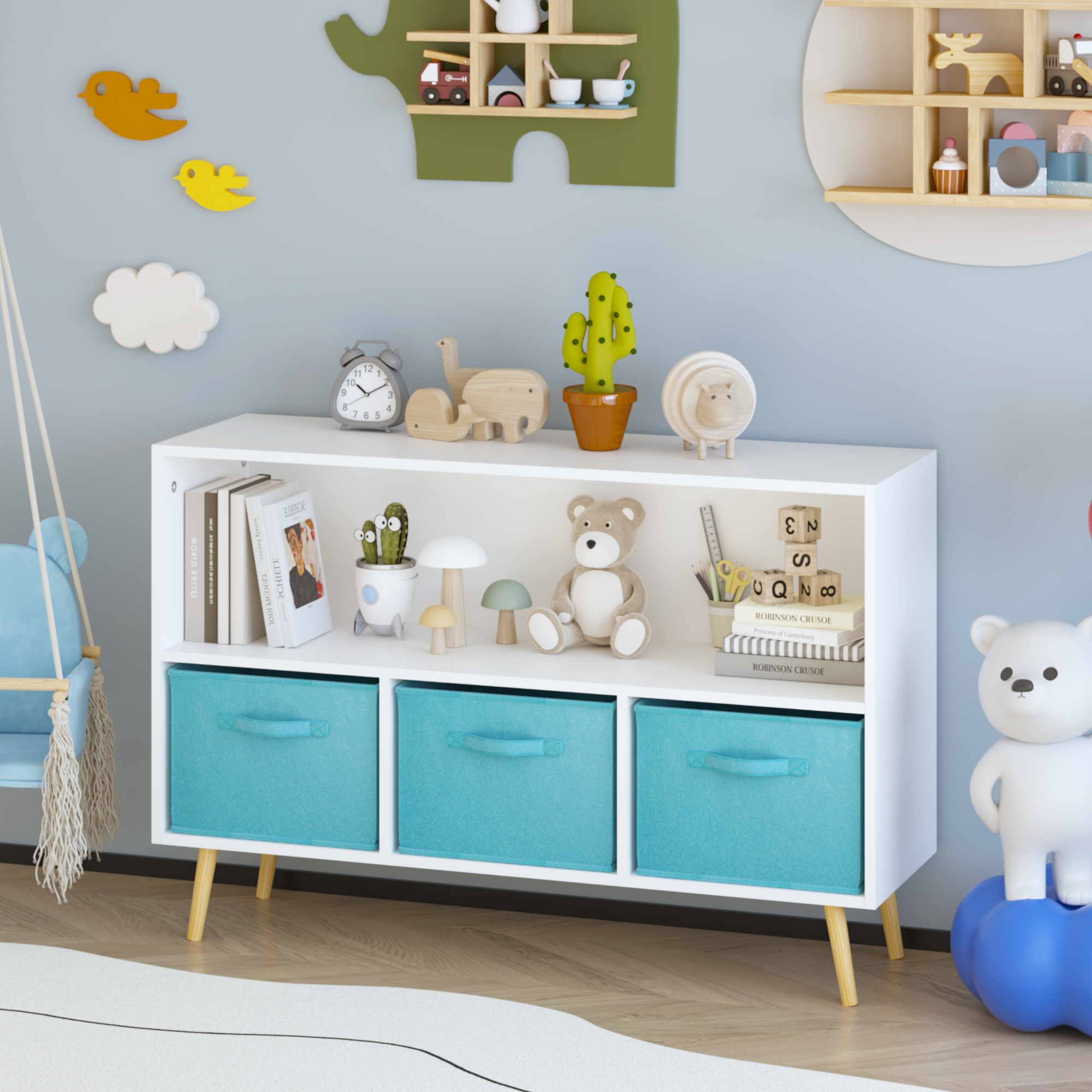 Kids Bookcase With Collapsible Fabric Drawers, Children's Book Display, Toy Storage Cabinet Organizer, White Blue