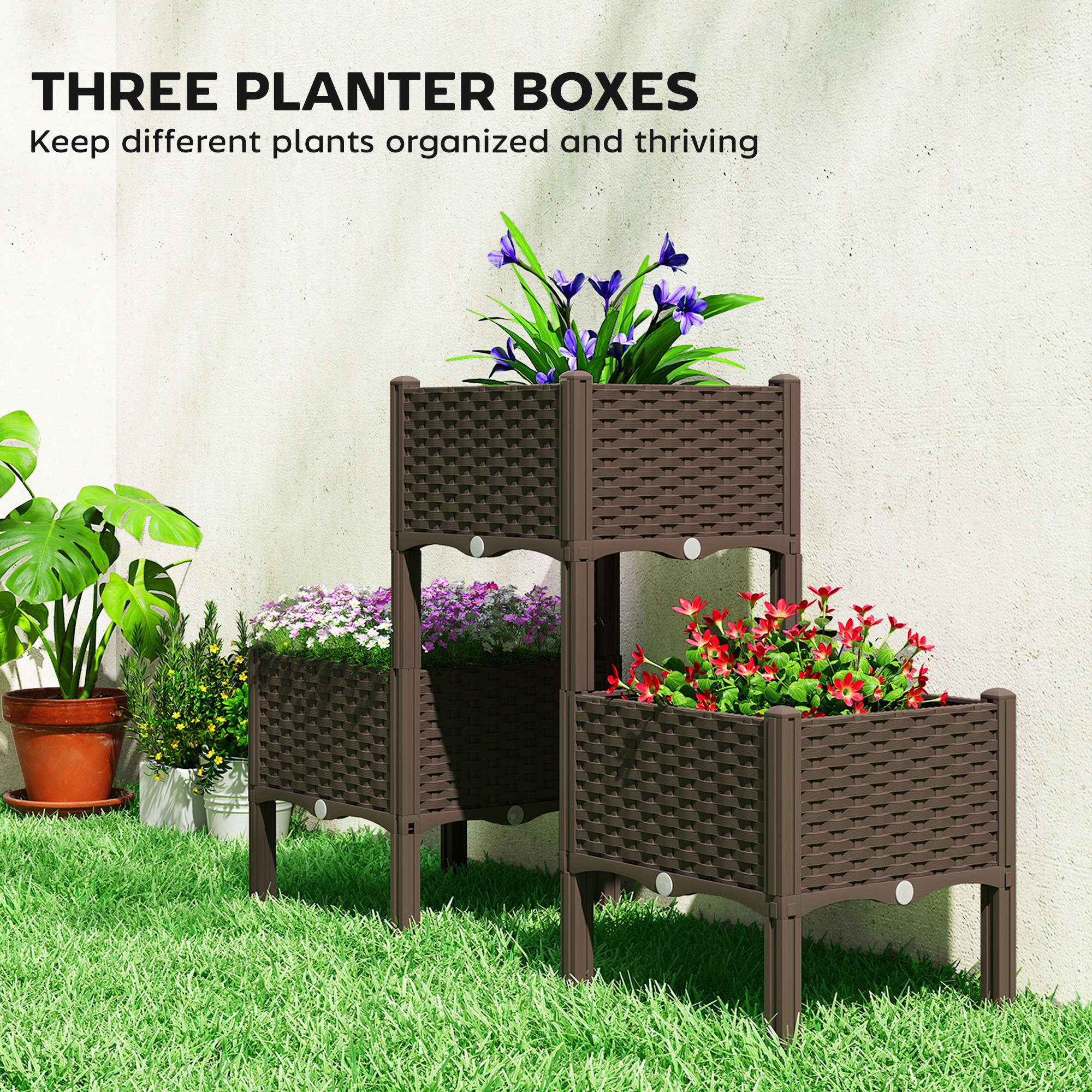  Plastic Raised Garden Bed with Legs, Self Watering Elevated Planter Boxes with Drainage Holes and Plugs, Easy Assembly