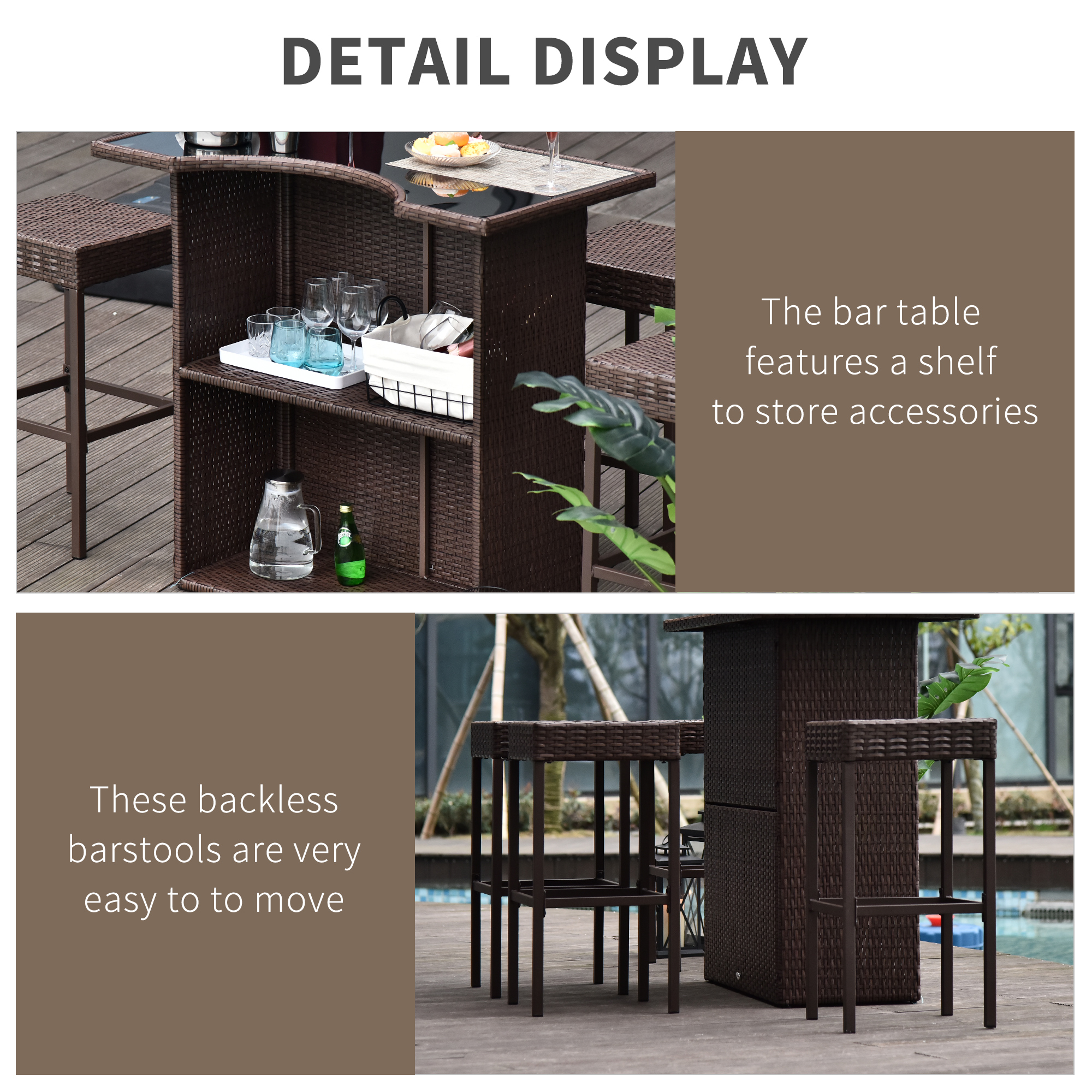  5 Piece Wicker Outdoor Bar Set, High Top Outdoor Table and Chairs, Bar Height Patio Set with Glass Table Top 2 Tier Storage Shelf and 4 Bar Stools for Garden, Poolside, Dark Brown