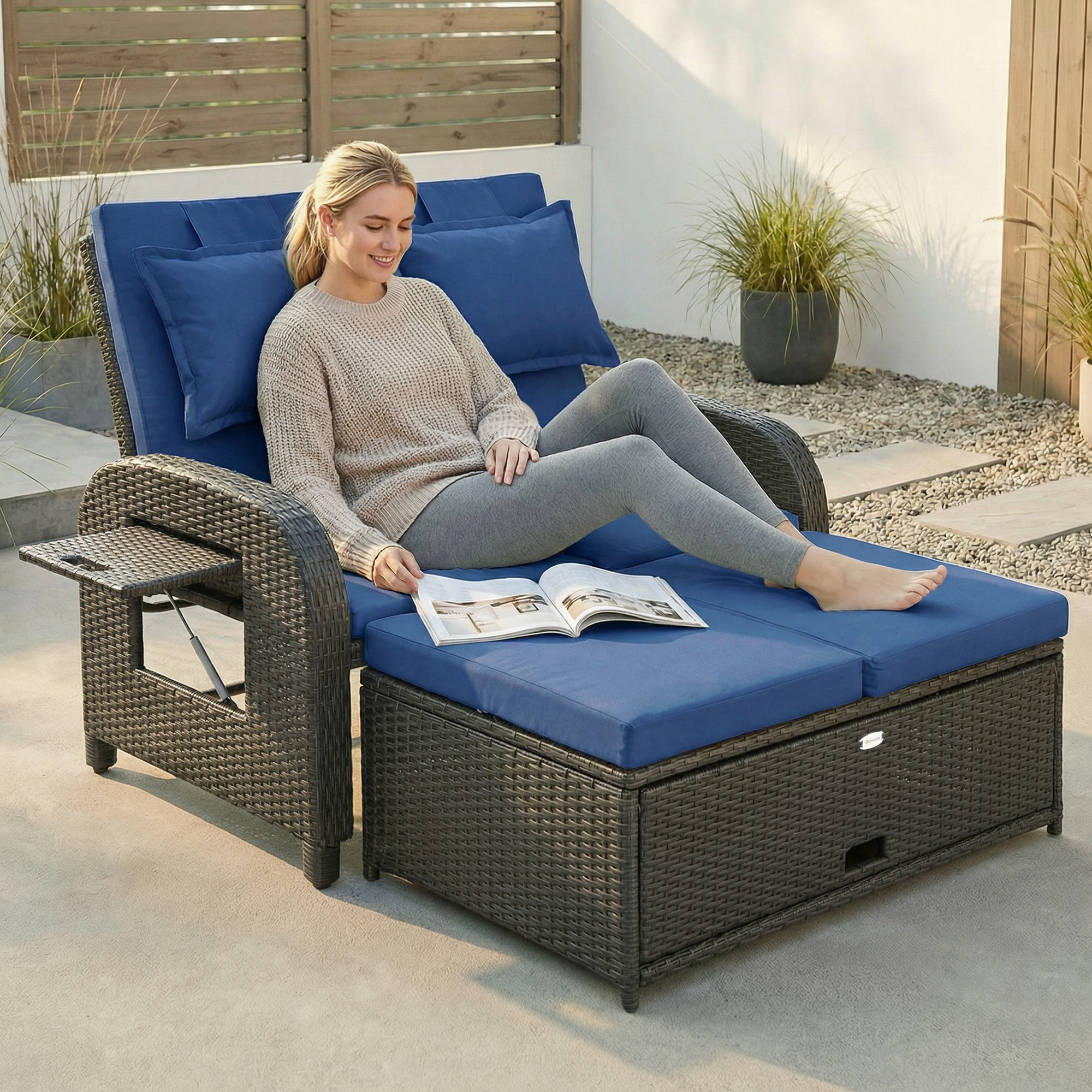  Patio Rattan Daybed, Wicker Outdoor Daybed with Storage Ottoman, Loveseat w/ Adjustable Backrest, Side Tables, Navy Blue