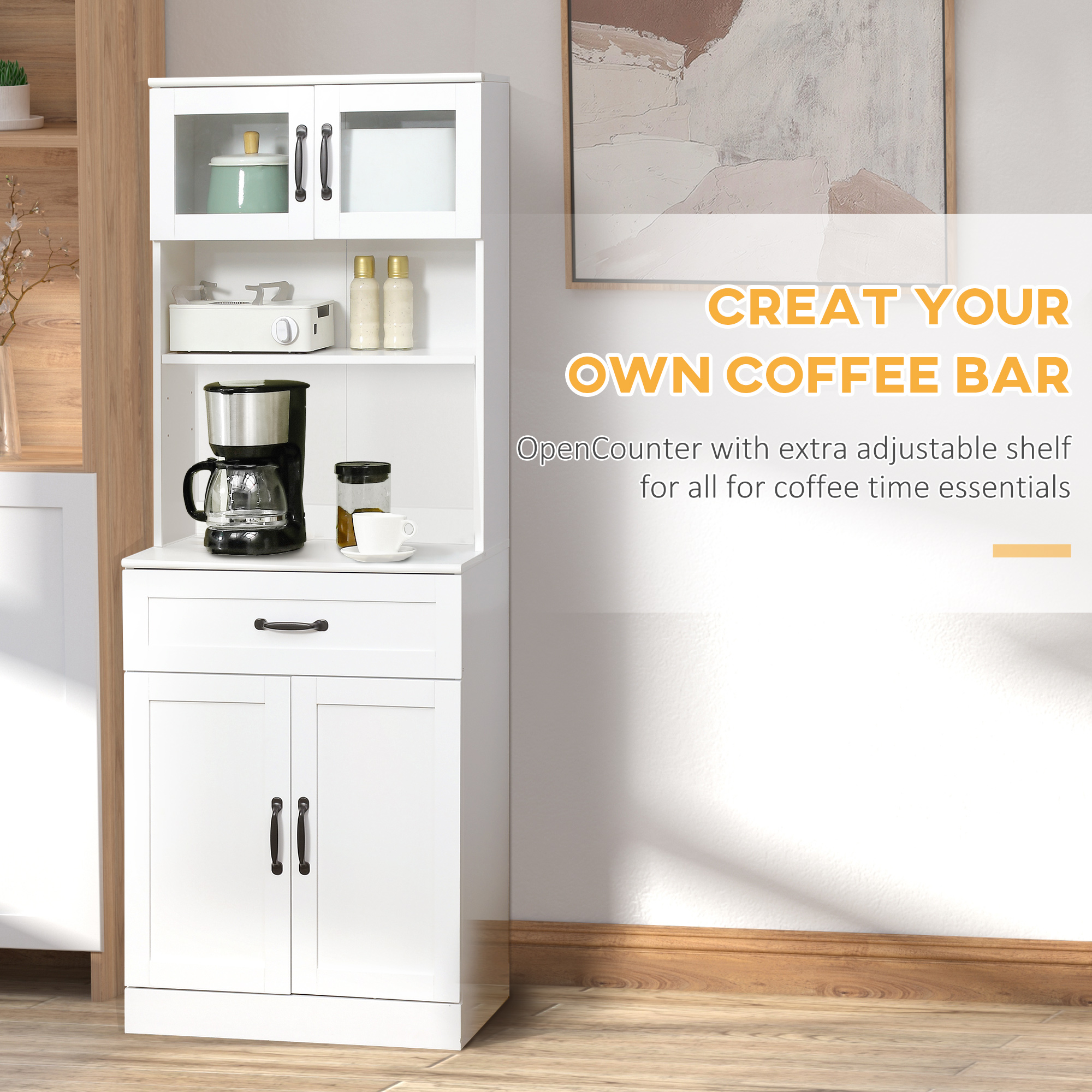  Freestanding Kitchen Pantry, 4-Door Buffet Cabinet with Hutch, Coffee Bar with Adjustable Shelves, 63.5 Inches, White