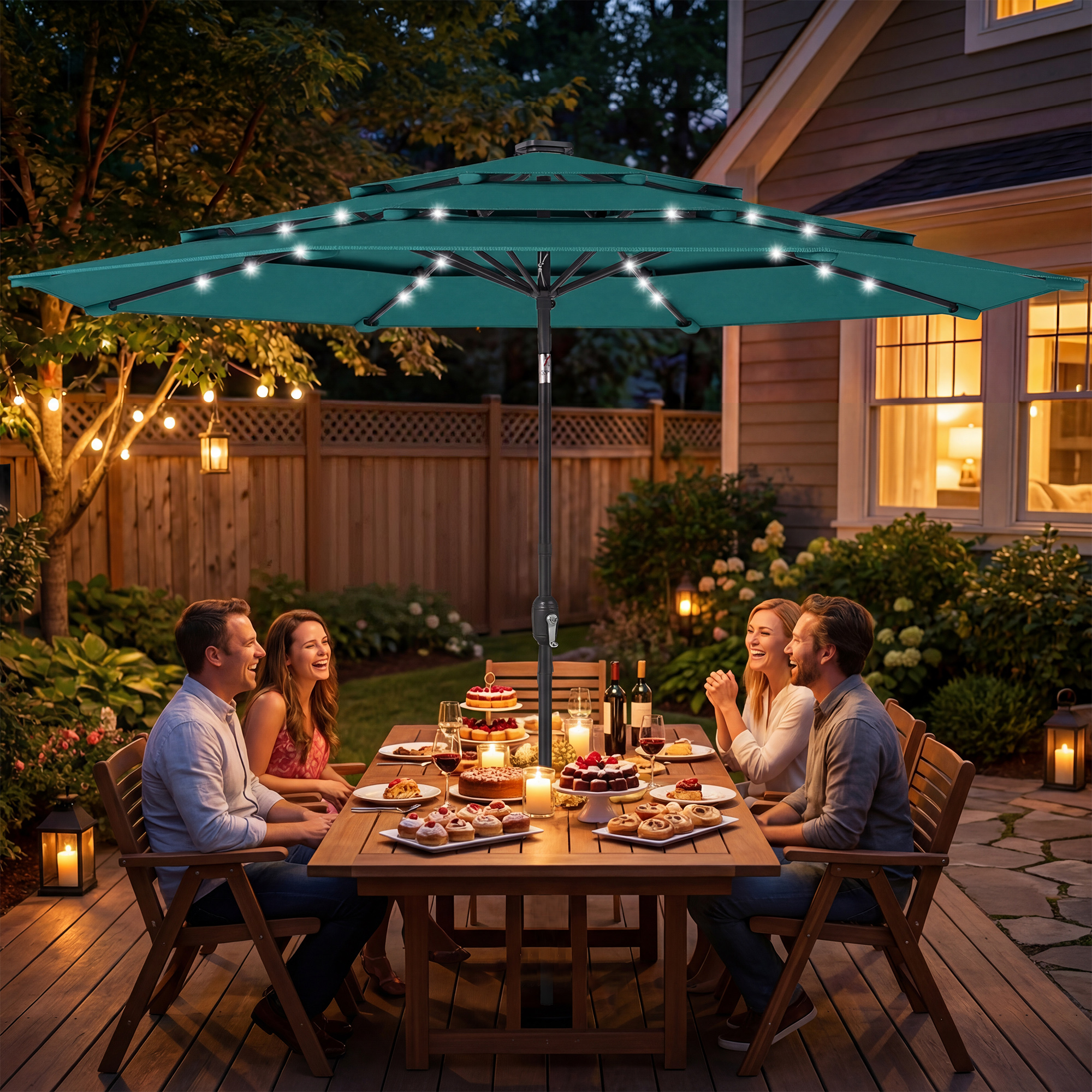  9.7 ft Outdoor Patio Umbrella with Solar LED Lights, 3 Tier Outdoor Table Umbrella with Tilt, Crank, Teal