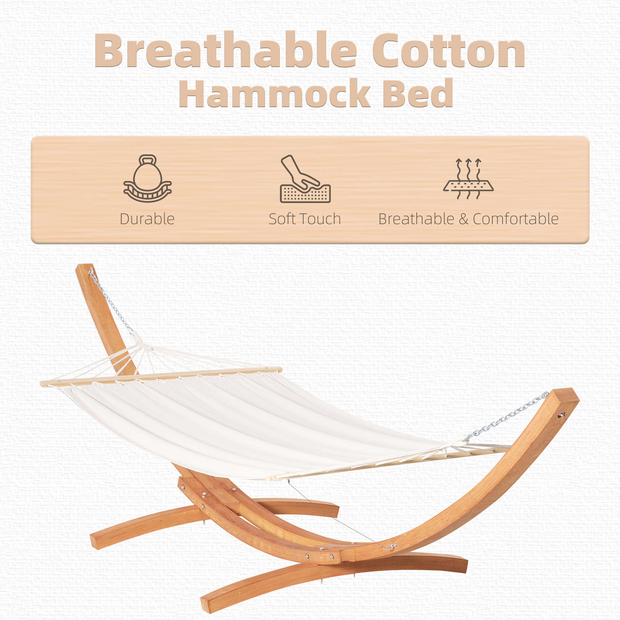  Outdoor Hammock with Stand, Extra Large Heavy Duty Wooden Frame, No Tree Needed, 12.8' Indoor Outside Boho Style Nap Bed, Natural Cotton, White