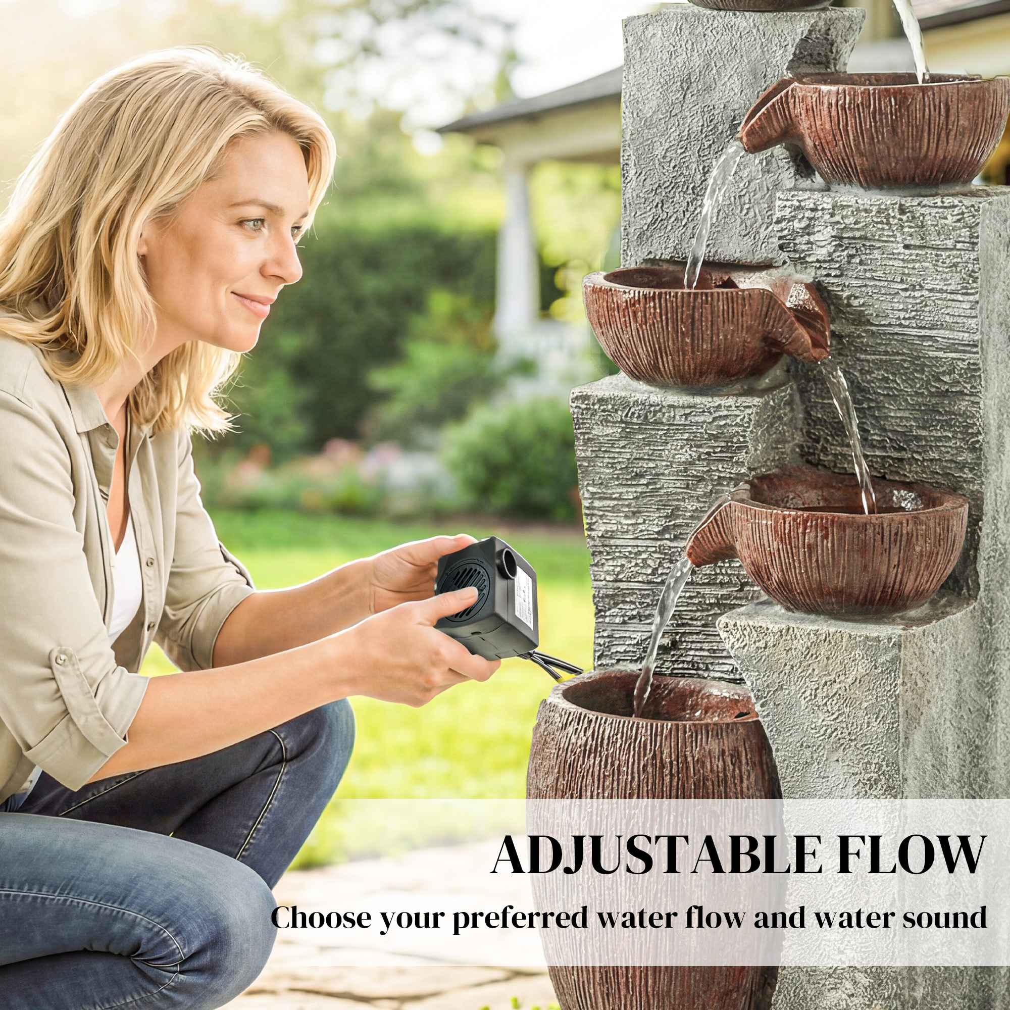  Outdoor Water Fountain with 5-Tier Crock Design, 51.2" Tall Cascading Waterfall Garden Fountain with LED Lights