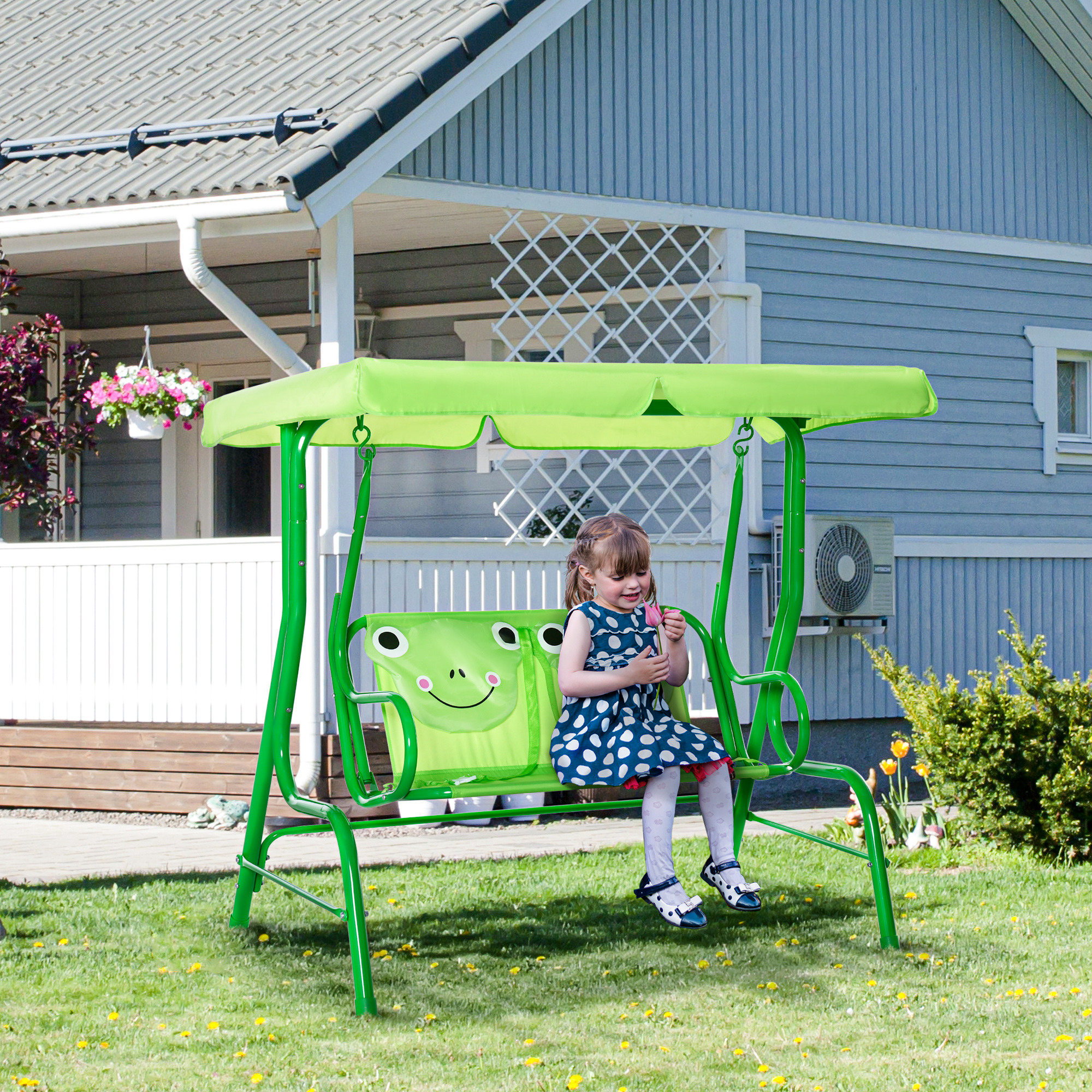  Porch Swing for Kids with Adjustable Canopy to Block Sun at Angles, Kids Swing Chair with Seatbelts, Frog Pattern, Gift for Kids Ages 3-6, Green - Image 1