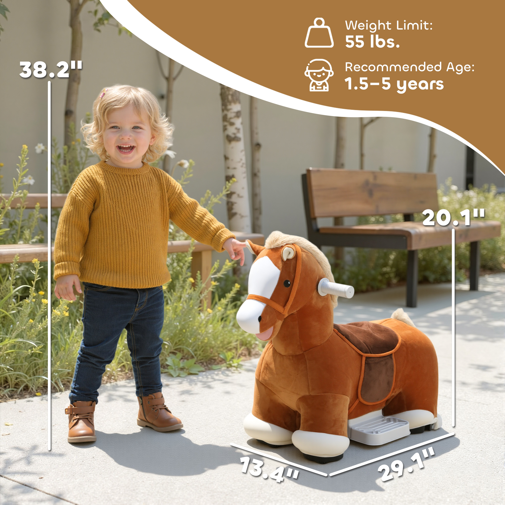 6V Battery Powered Ride on Horse with Music, Forward, Foot Pedal, Soft Touch, Washable Cover, for 1.5-5 Years Old
