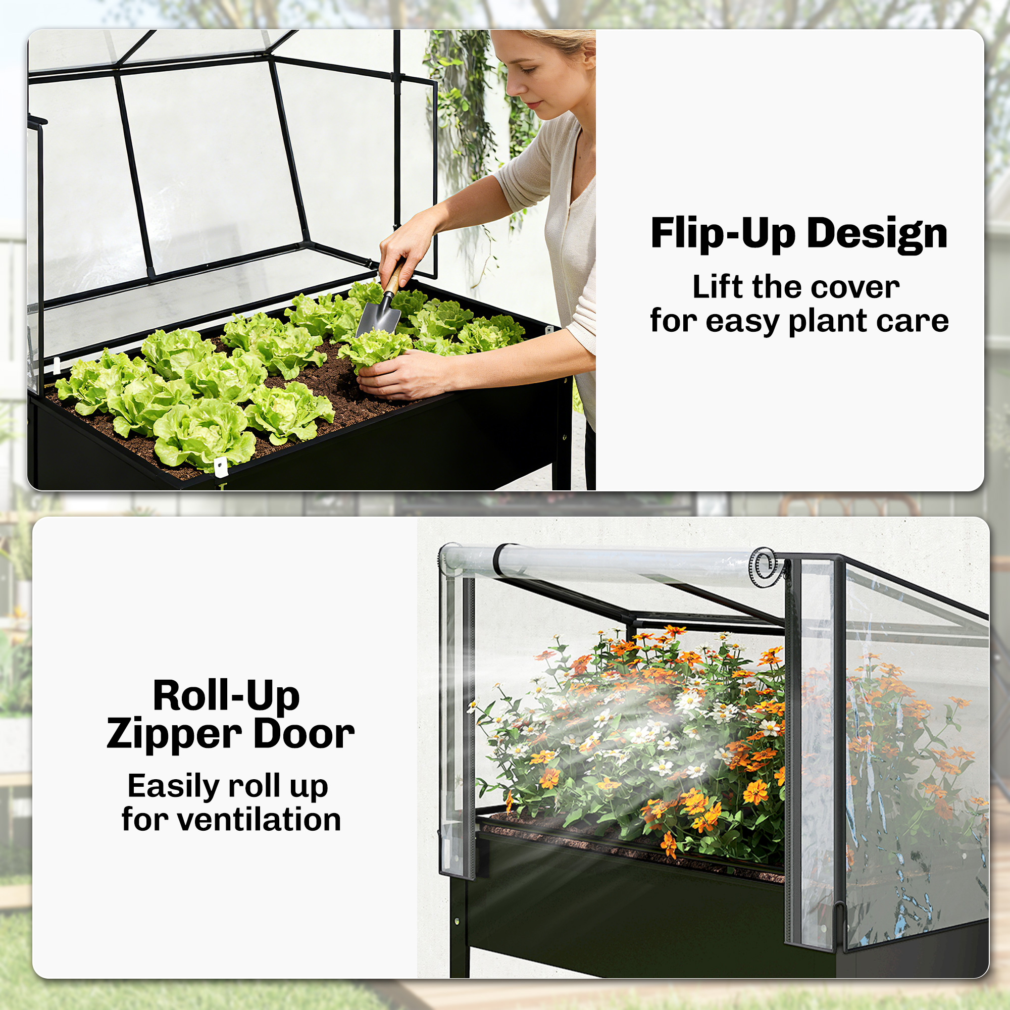 Raised Garden Bed with Flip-Up Greenhouse Cover, Metal Elevated Garden Bed with Legs and Drainage Hole, Black