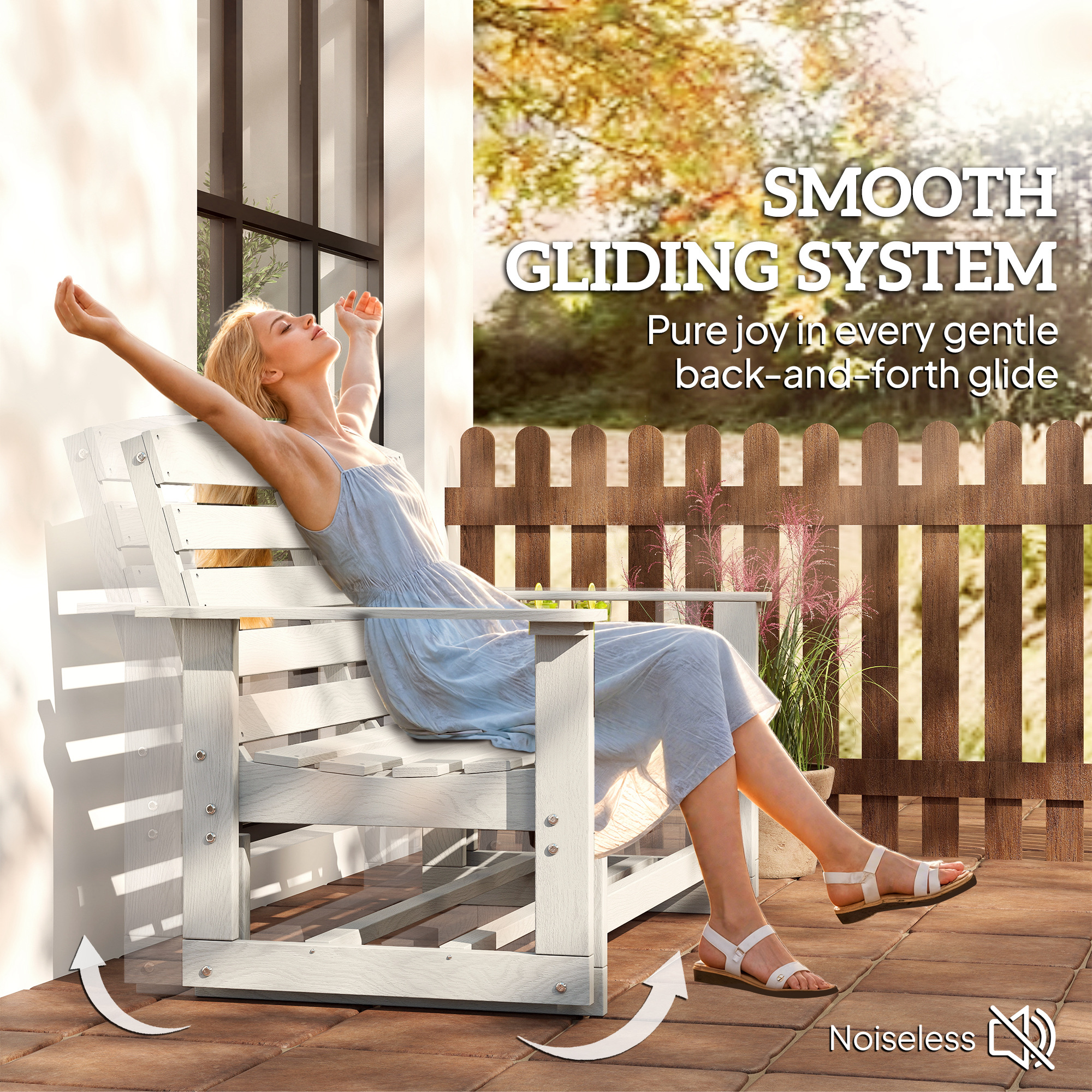  Patio Glider Bench w/ HDPE Slatted Double Rocking Chair, Distressed White