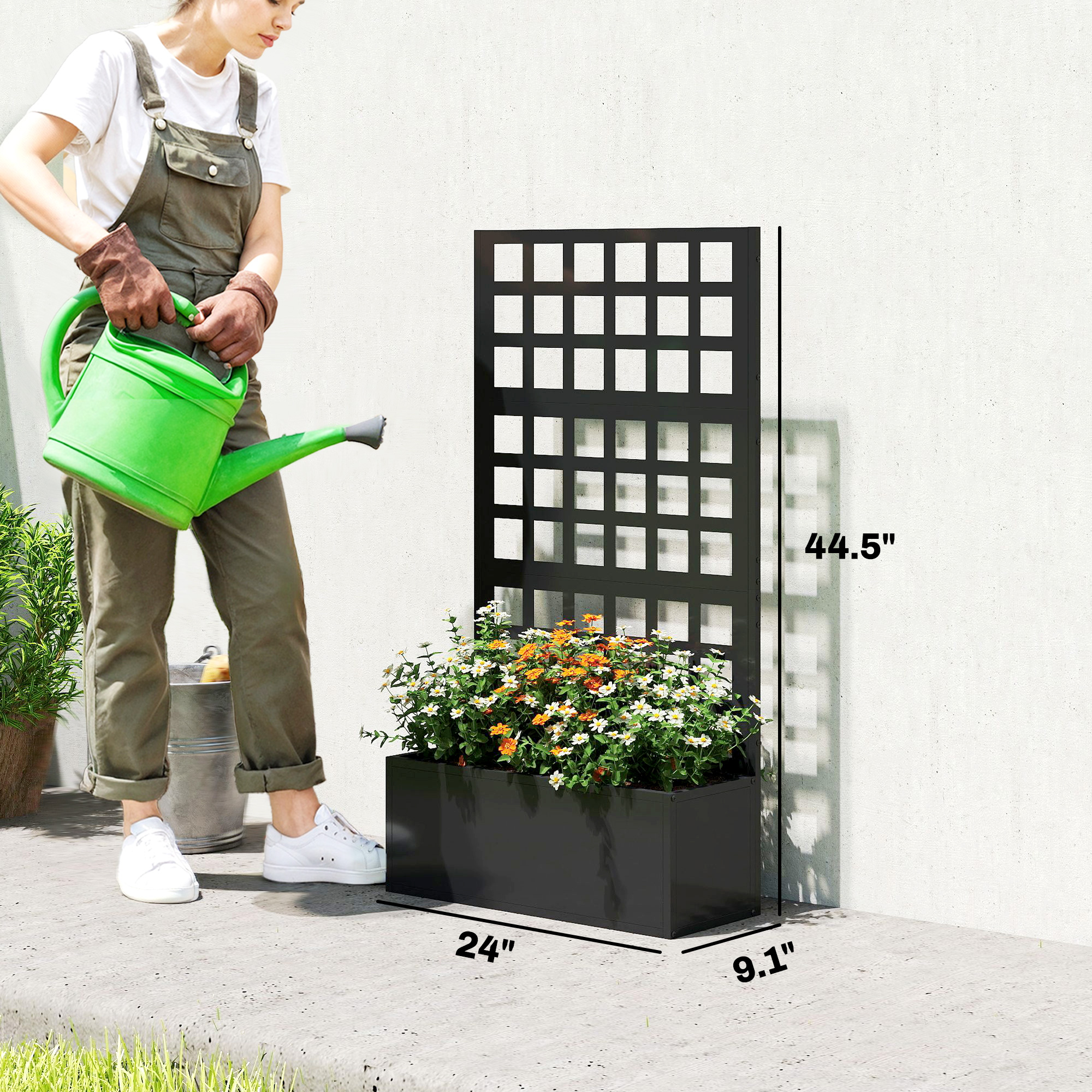  Galvanized Raised Garden Bed Planter Box with Trellis for Climbing Plants, Vegetable, Vines, 24" x 9" x 44.5", Black