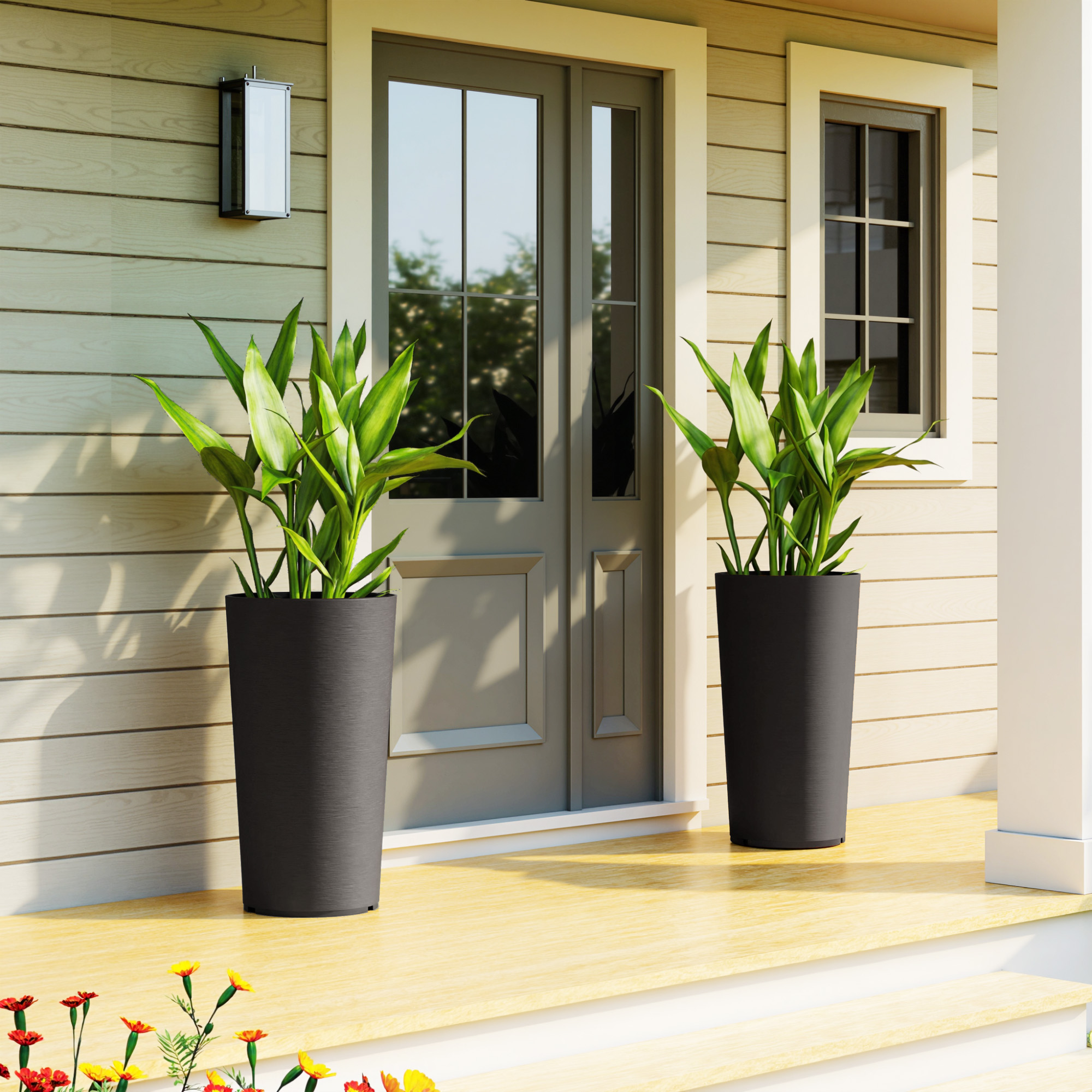  29 Inch Outdoor Planter, Set of 2 Plastic Flower Pots, Weather and UV Resistant Stackable Large Planters, Black