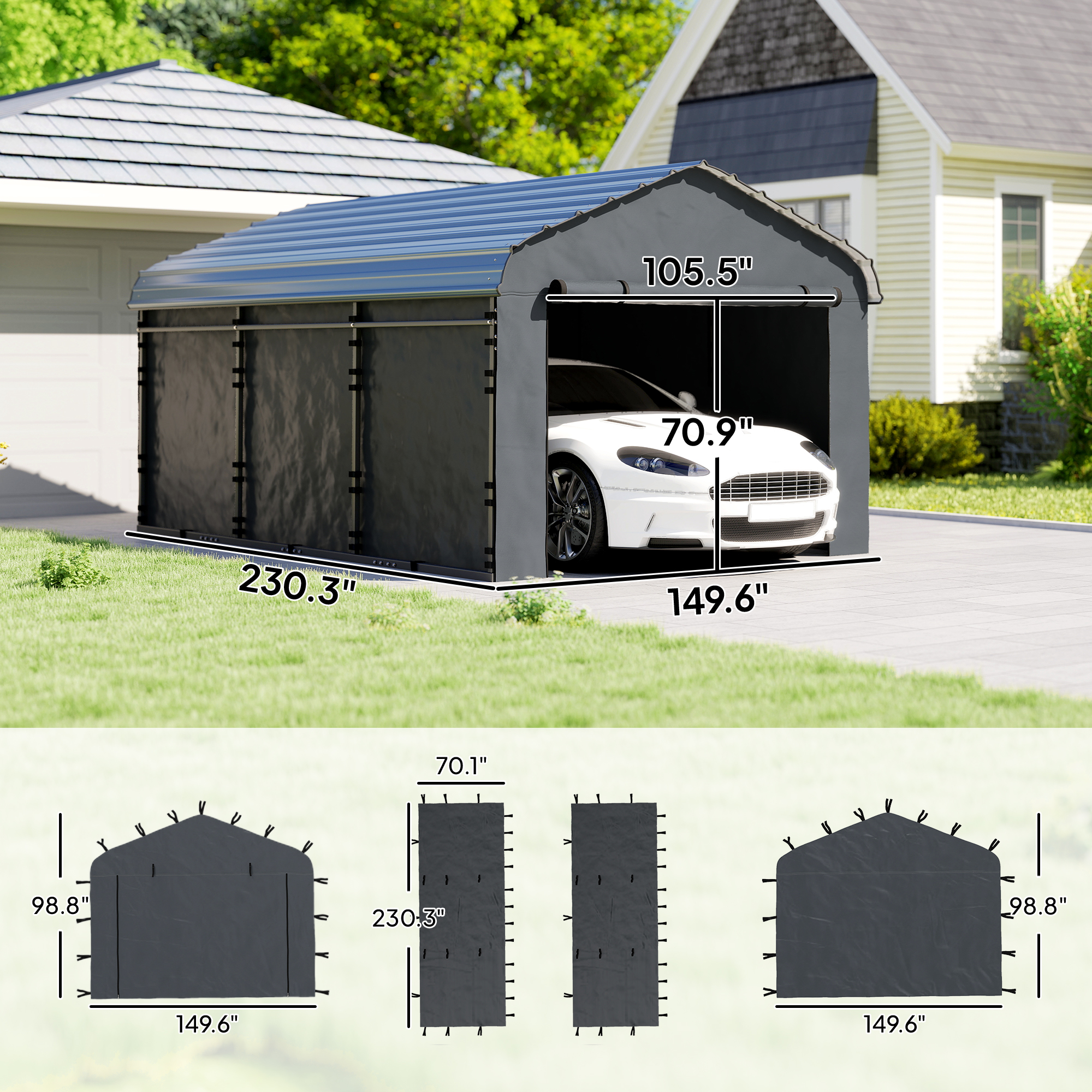  Carport Replacement Sidewall Panel for 12' x 20' Carports, UPF50+ Waterproof Replacement Side Wall Cover, Dark Gray