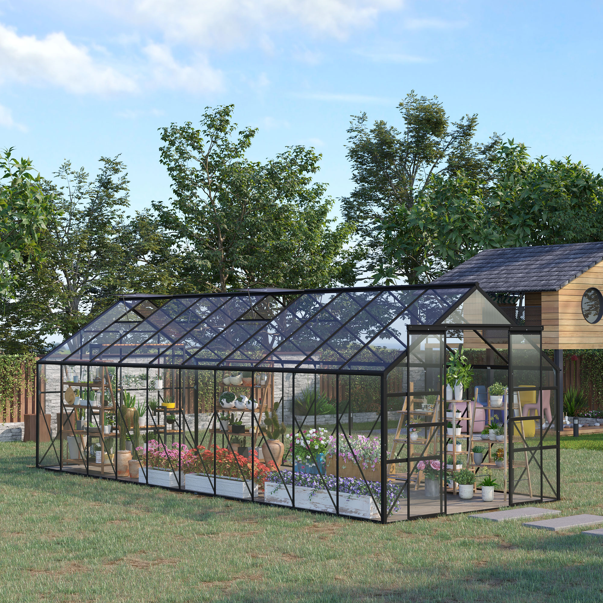 20 x 8 Aluminum Greenhouse Polycarbonate Walk-in Garden Greenhouse Kit with Adjustable Roof Vent, Rain Gutter and Sliding Door for Winter, Clear