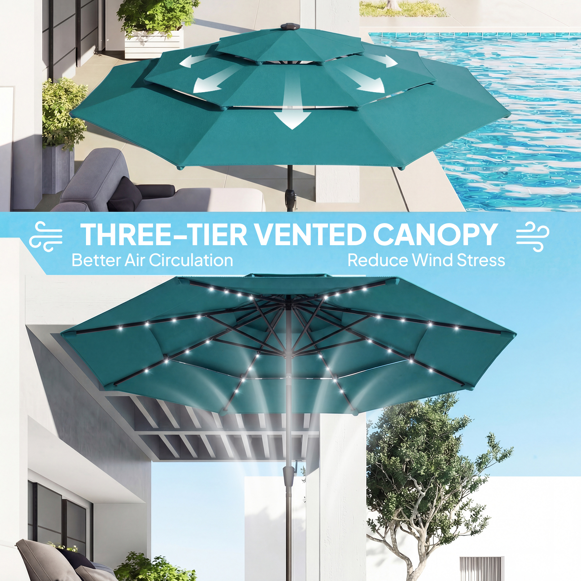  9.7 ft Outdoor Patio Umbrella with Solar LED Lights, 3 Tier Outdoor Table Umbrella with Tilt, Crank, Teal