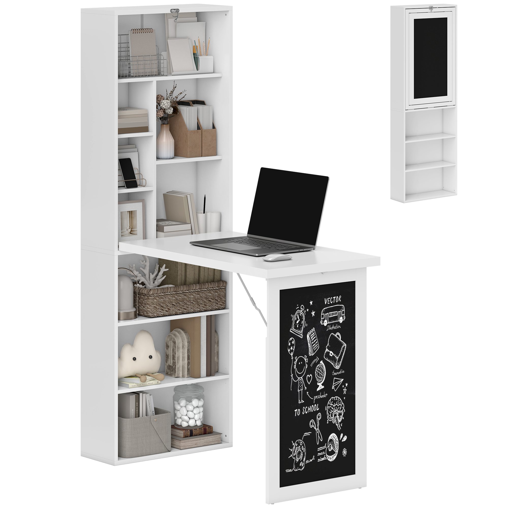 Fold-out Convertible Office Desk, Wall Mount Computer Desk with Blackboard and Side Shelf, White image 16