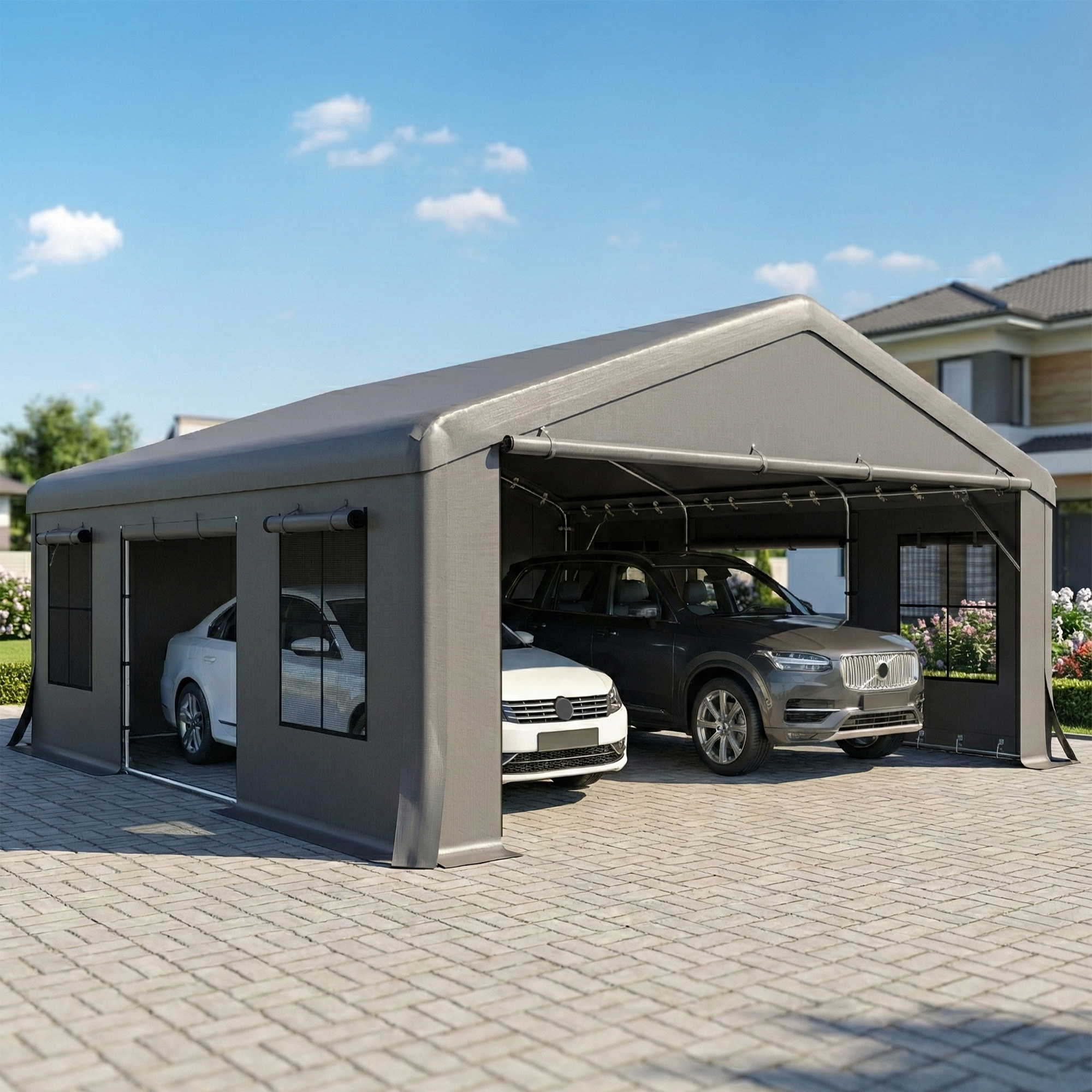  20' x 20' Heavy Duty Carport, Portable Garage Car Canopy Tent Shelter with 3 Roll-up Doors, 4 Windows, Dark Gray