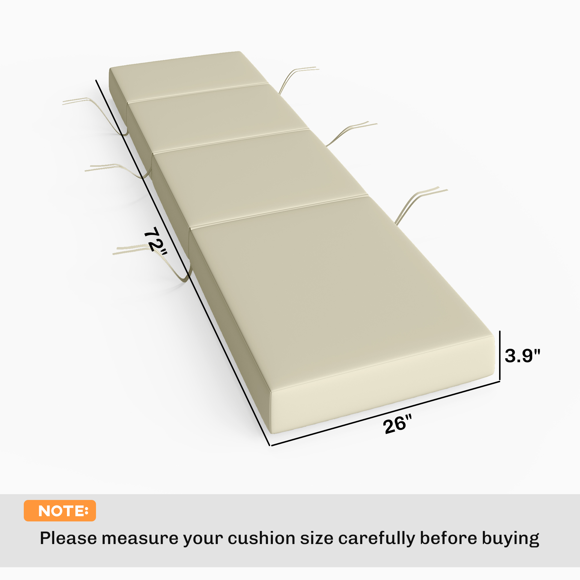  Chaise Lounge Cushion, 4" Thick Outdoor Lounge Chair Cushions with Ties for Patio, 26" x 80 ", Cream White