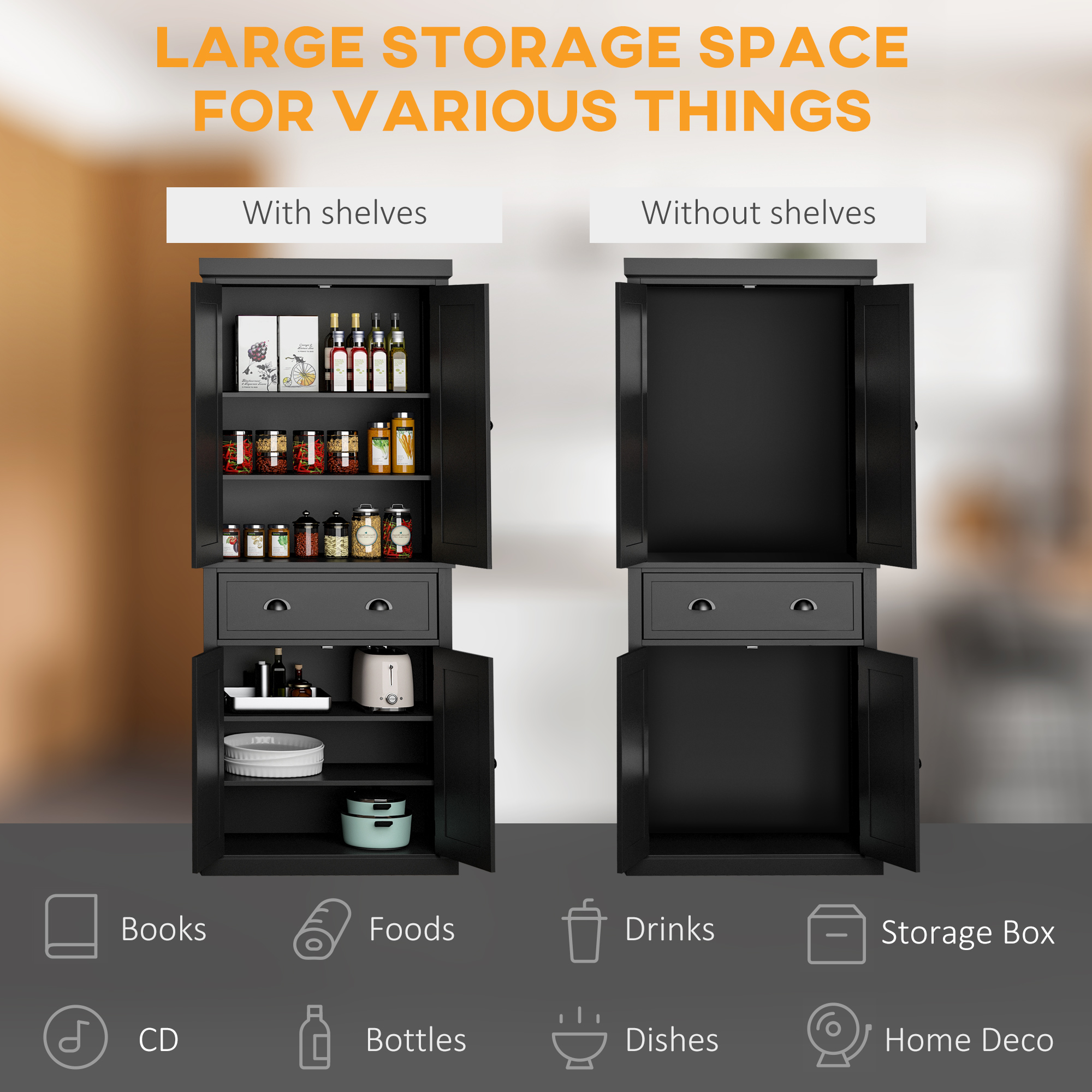  72.5" Kitchen Cabinet, Pantry Storage Cabinet with Doors and Shelves, Freestanding Food Pantry Cabinet, Black