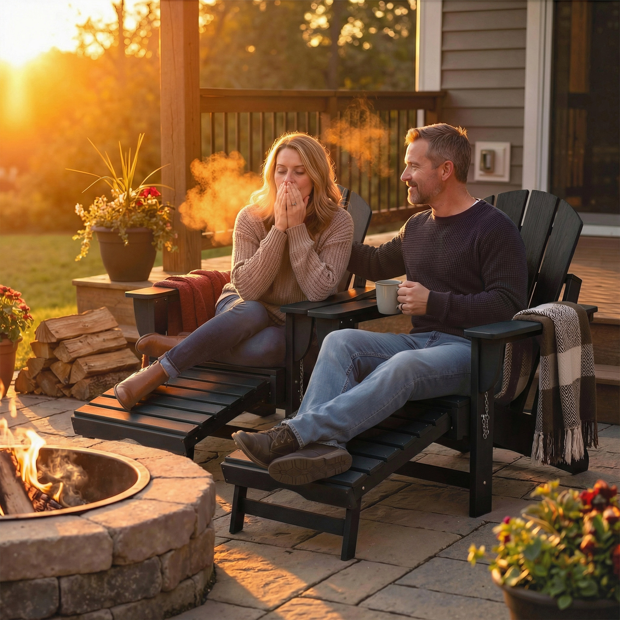  Folding Adirondack Chair Set of 2, HDPE Fire Pit Chair with Retractable Ottoman and Cup Holder, Black