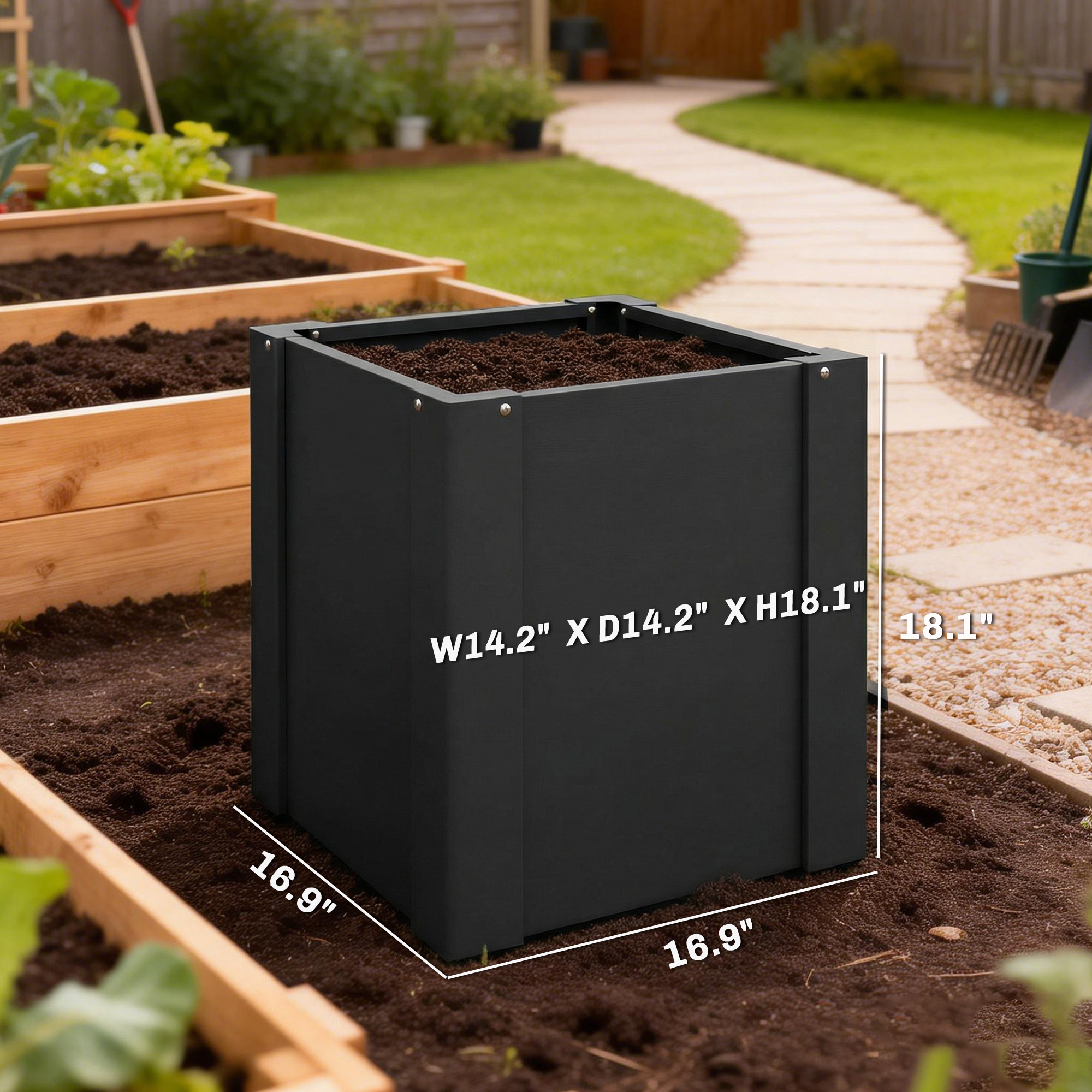  Raised Garden Bed Galvanized Planter Box Outdoor with Gloves for Gardening Vegetables, Flower, Herb, 1.4 x 1.4 x 1.5 ft, Black