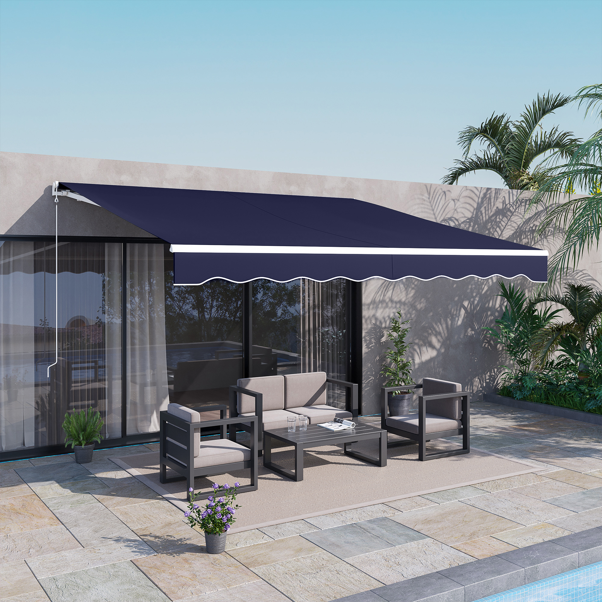 12 x 10 Electric Retractable Awning Sunshade Shelter with Remote Controller, Crank Handle for Deck Balcony Yard, Blue