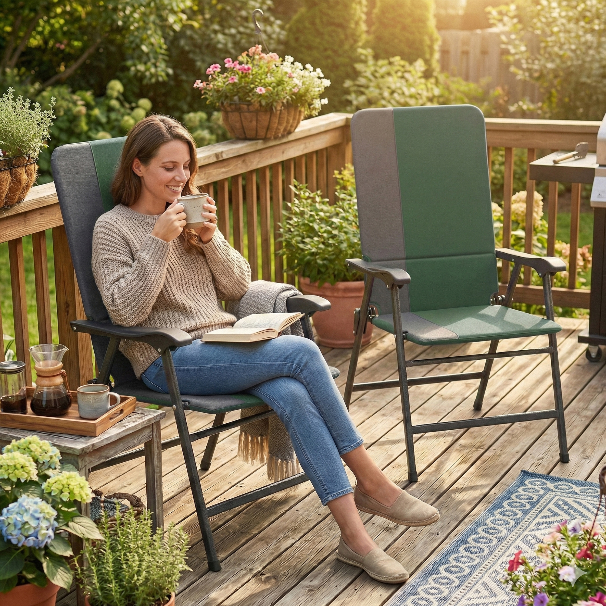  Folding Patio Chairs Set of 2, Padded High Back Lawn Camping Chairs with Armrests, 600D Oxford Fabric, Dark Green