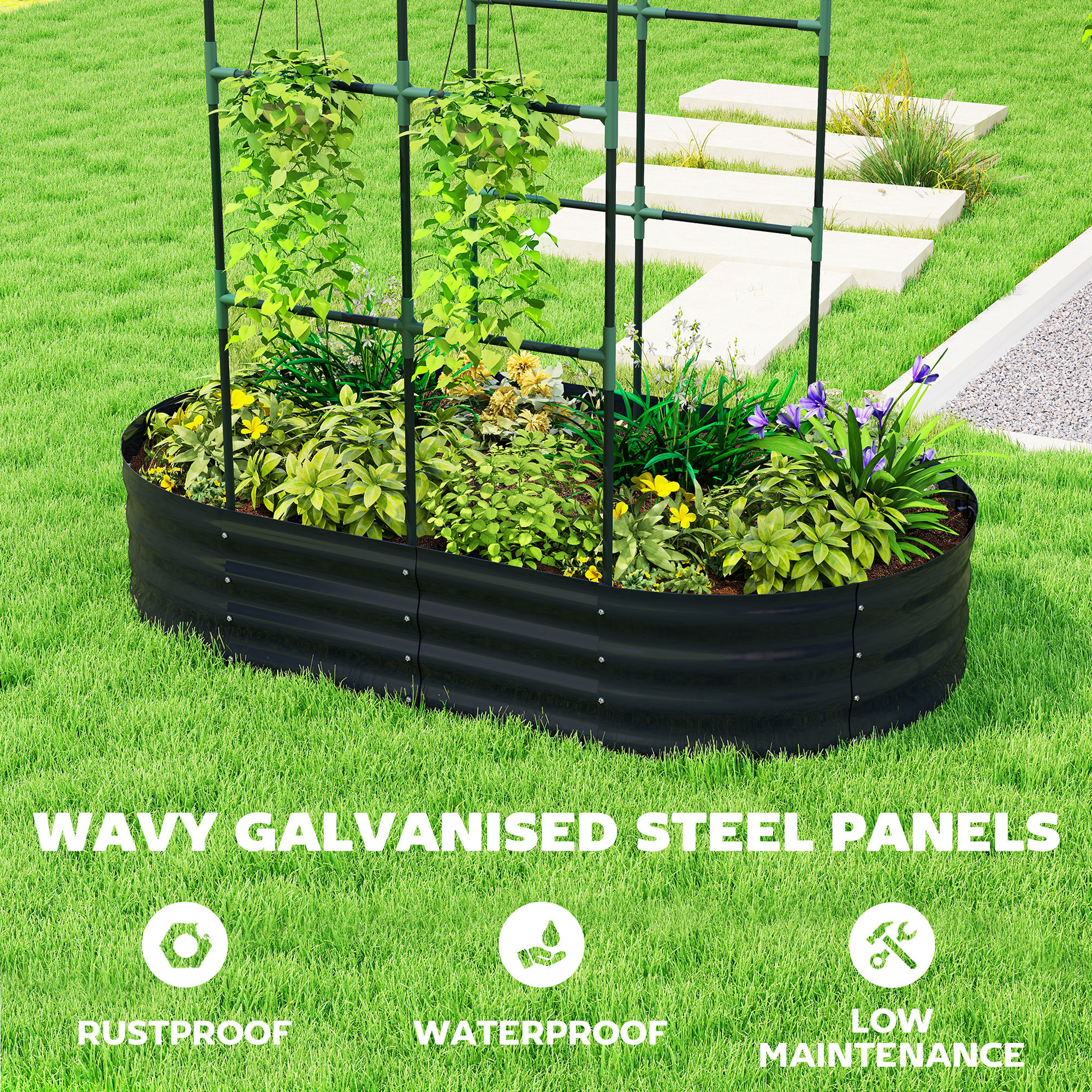  Galvanised Raised Garden Bed with Arched Trellis, 5 x 3 x 6ft Metal Outdoor Planter Box with Open Bottom, Dark Gray