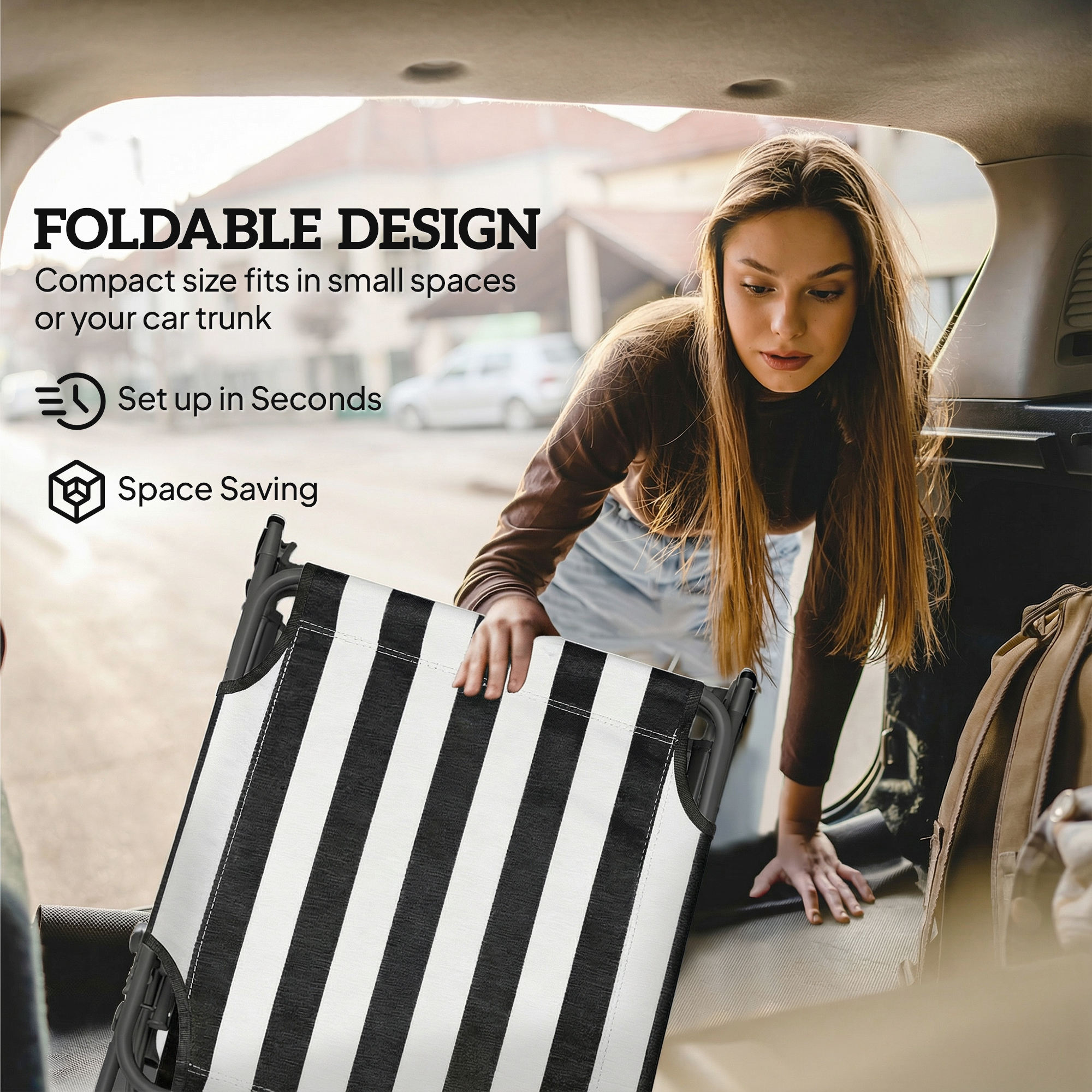  Portable Folding Adjustable Sun Beach Lounger / Camping Cot - Black and White