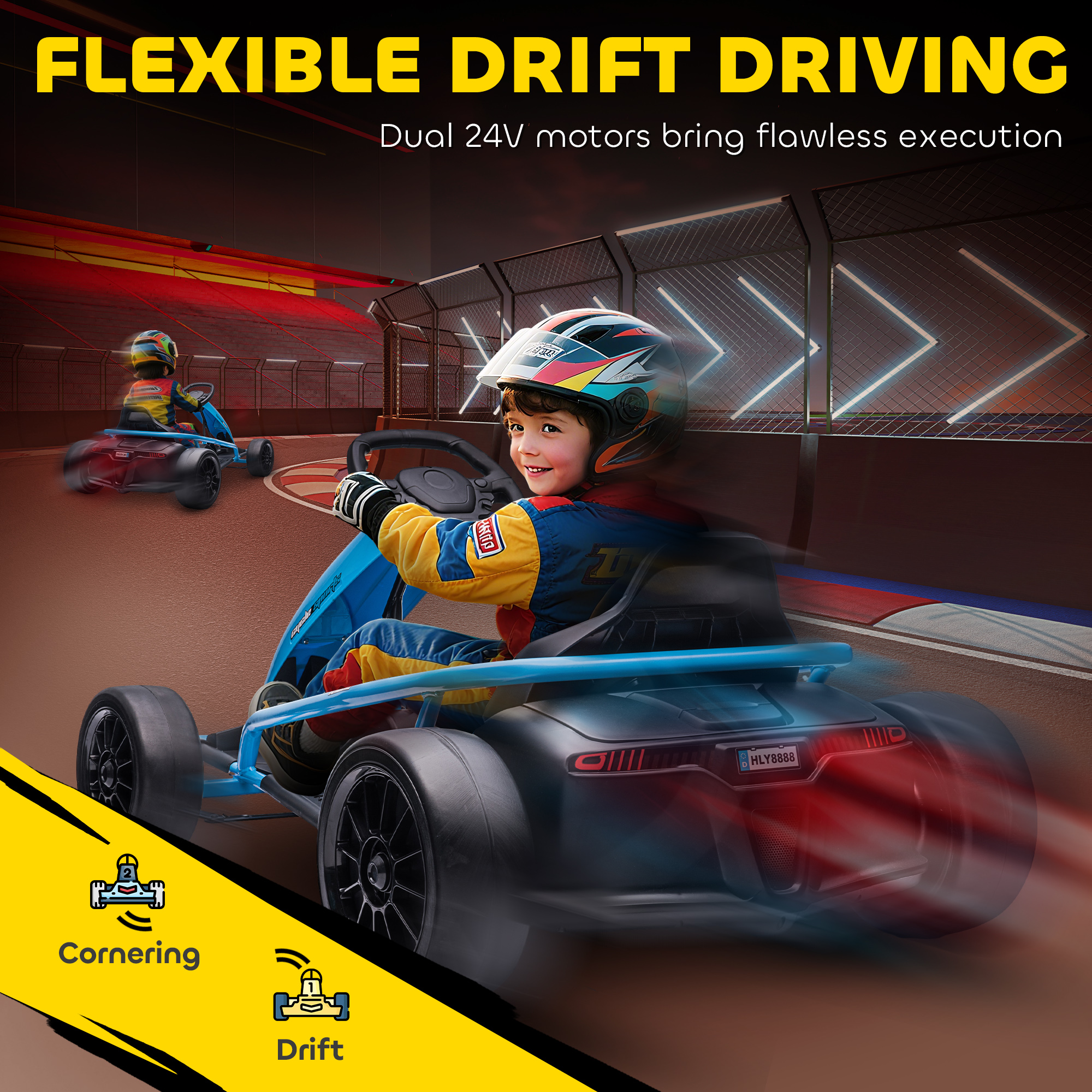 24V Electric Go Kart for Kids, Drift Ride-On Racing Go Kart with 2 Speeds, for Boys Girls Aged 8-12 Years Old, Blue