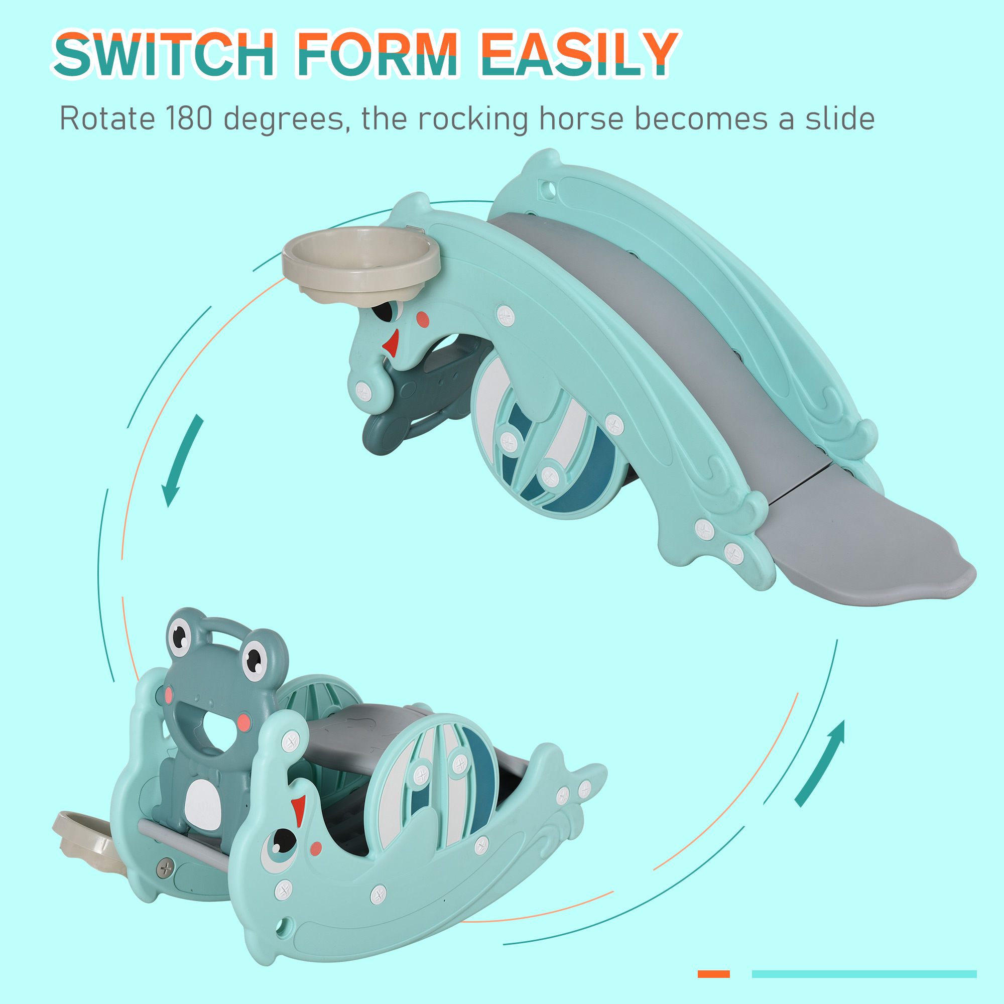 3-in-1 Kids Portable Slide Rocking Horse Toy with Basketball Hoop for Age 1.5-3 Boys and Girls, Mint Green