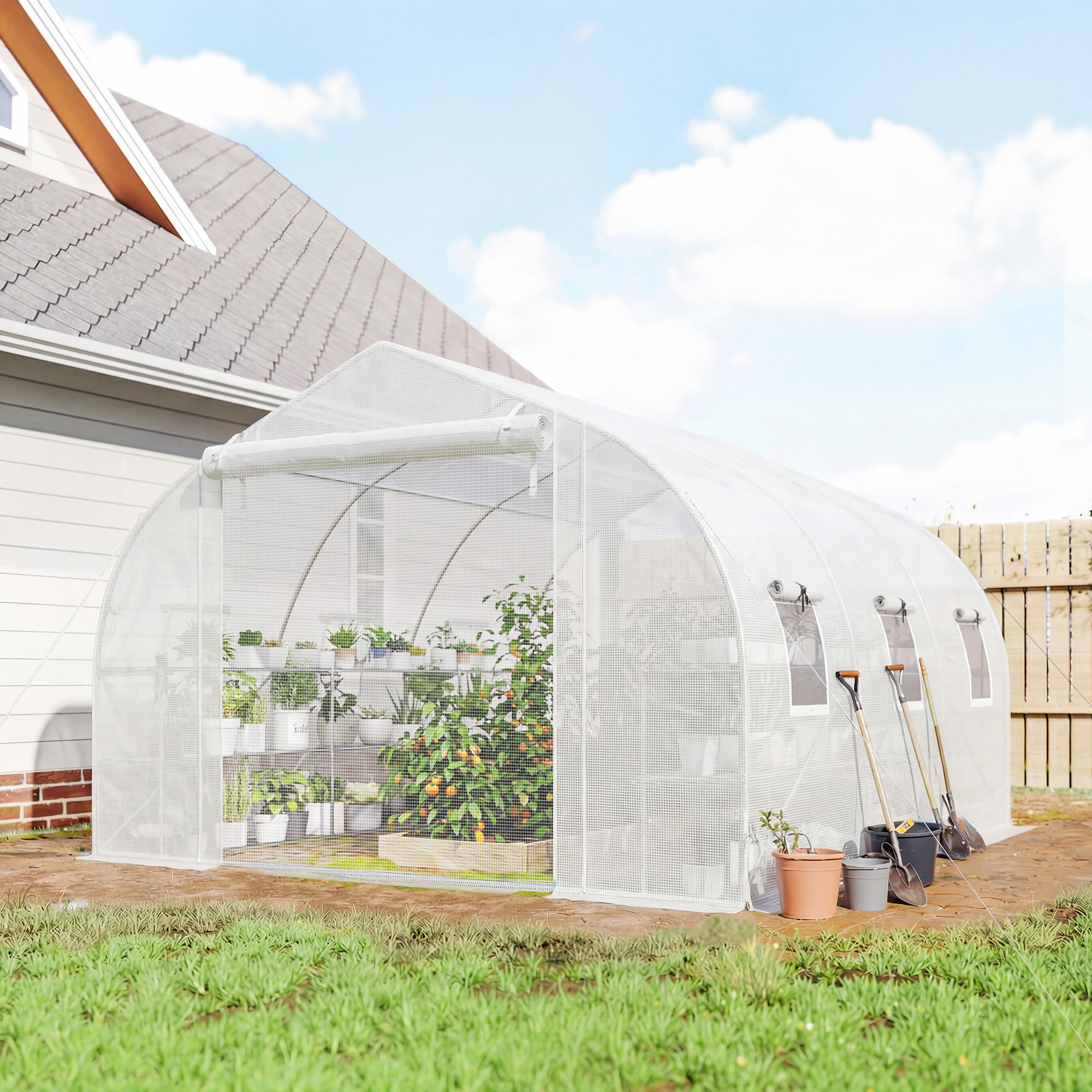 10x11x6 Walk-in Tunnel Greenhouse with Shelves, Mesh Door and Windows, Plant Hot House with PE Cover…