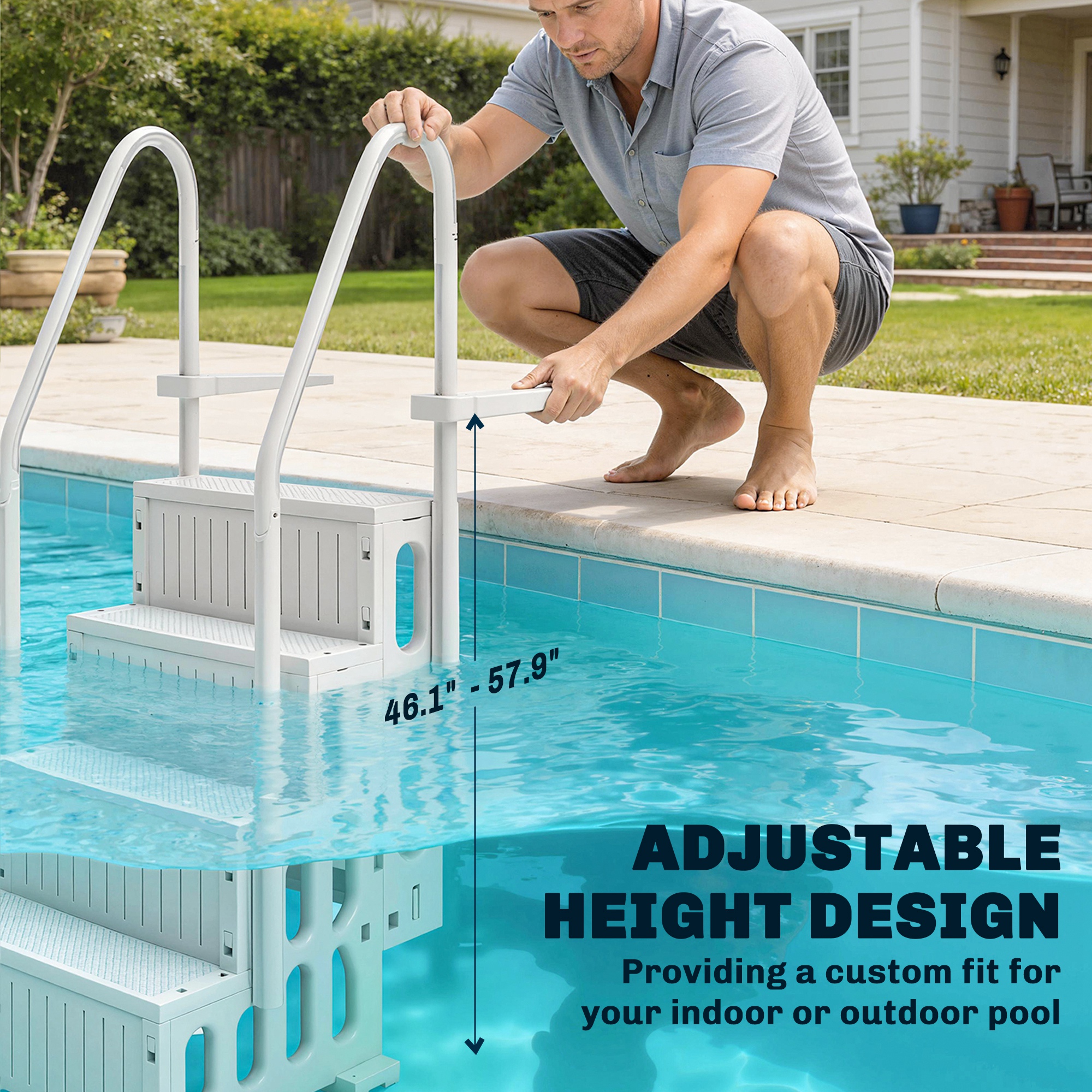  Swimming Pool Ladder Adjustable Height for Above Ground Pool Steps with Dual Handrails White